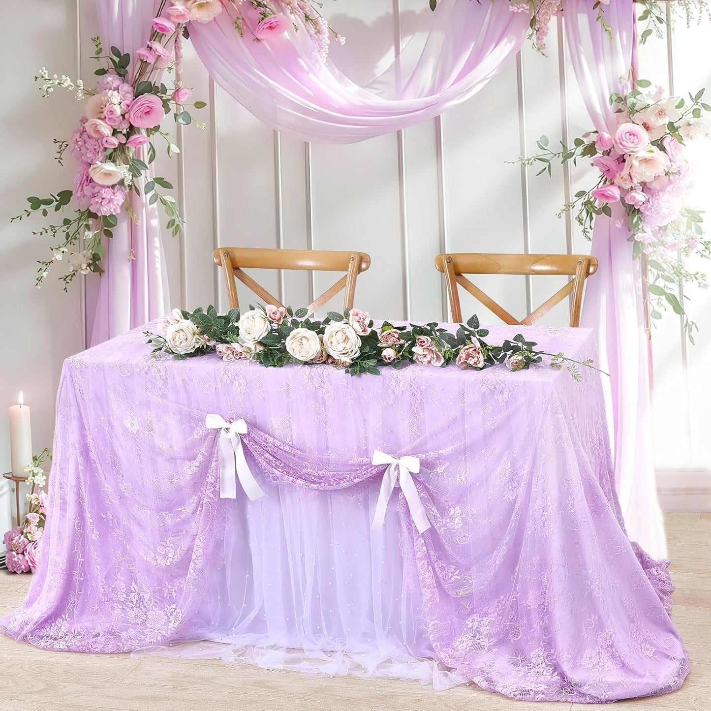 Light Purple Tablecloth Outdoor Lace Table Fabric 2pcs 60x120 Inch for Farmhouse Rustic Wedding Bridal Shower Party Decoration Rectangle Overlay Vintage Embroidered Reception Table Cloth Decor