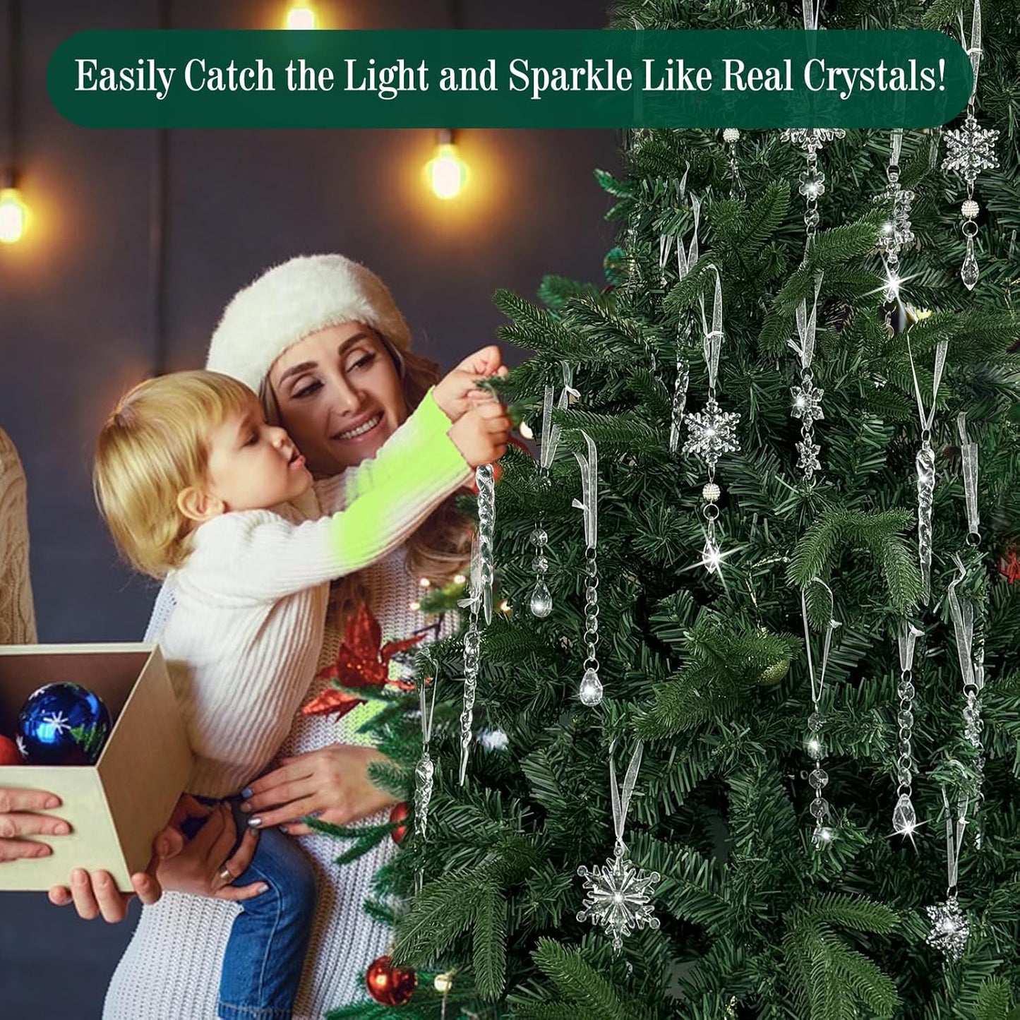 AuroTrends Christmas Tree Decorations 18Pcs, Acrylic Crystal Ornaments for Christmas Tree- Hanging Christmas Snowflake Decorations for Christmas Tree Ornaments