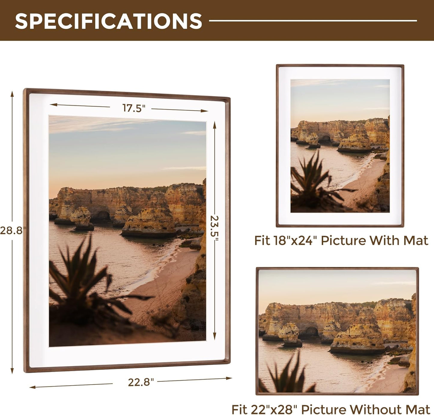 22x28 Frame with Mat to 18x24 Picture Frames USA-Sourced Natural Solid Walnut Wood Handcrafted Rounded Corner Display with Real Glass Family Picture, Wedding Photo