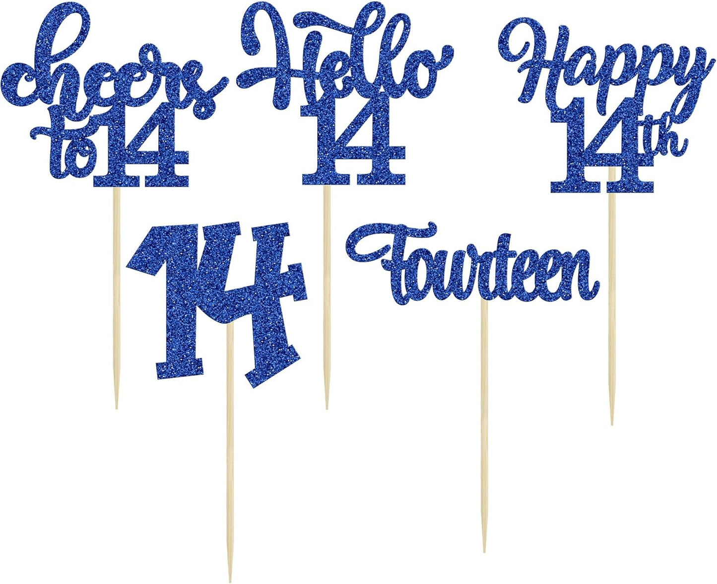 30Pcs 14th Birthday Cupcake Toppers Hello 14 Cupcake Picks Fourteen Cheers to 14 Years Old Cake Decorations for 14th Birthday Anniversary Party Supplies Deep Blue Glitter