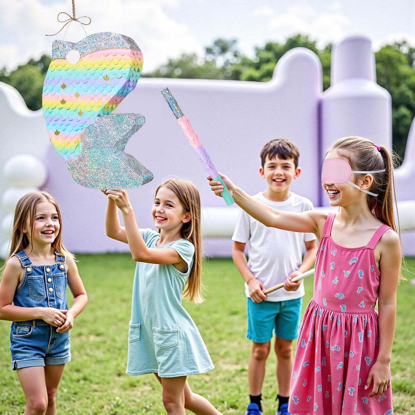 WERNNSAI Dolphin Piñata for Girls - Mermaid Princess Birthday Decorations Dolphin Pinata for Kids Under the Sea Girl Party Game Supplies with Blindfold and Bat (12.5" x 16.5" x 3")