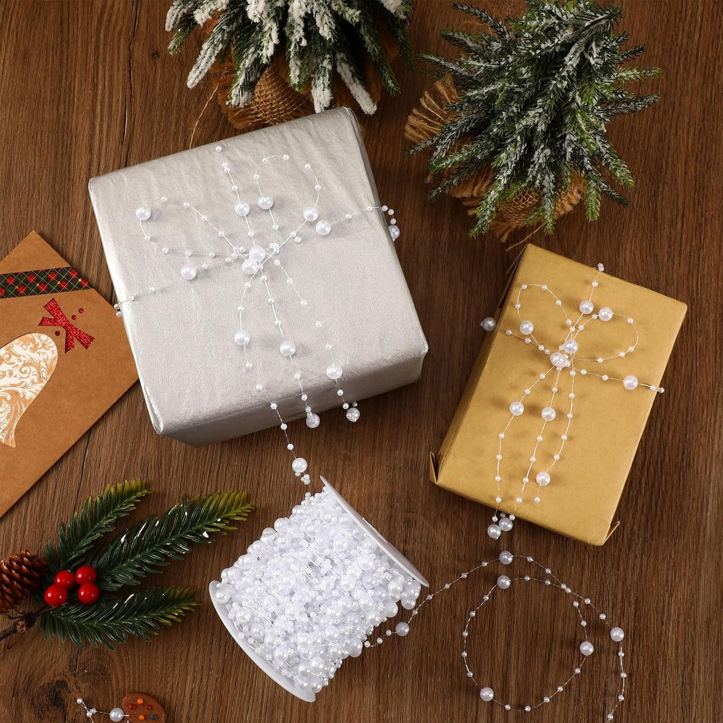 JULBEAR Beads Garland Decoration,1Rolls 131Feet White Christmas Pearl Strands Chain Bead Garland for Christmas Tree Fireplace Wreath Gift Bouquet Crafts Wrapping Wedding Party Centerpieces Decoration
