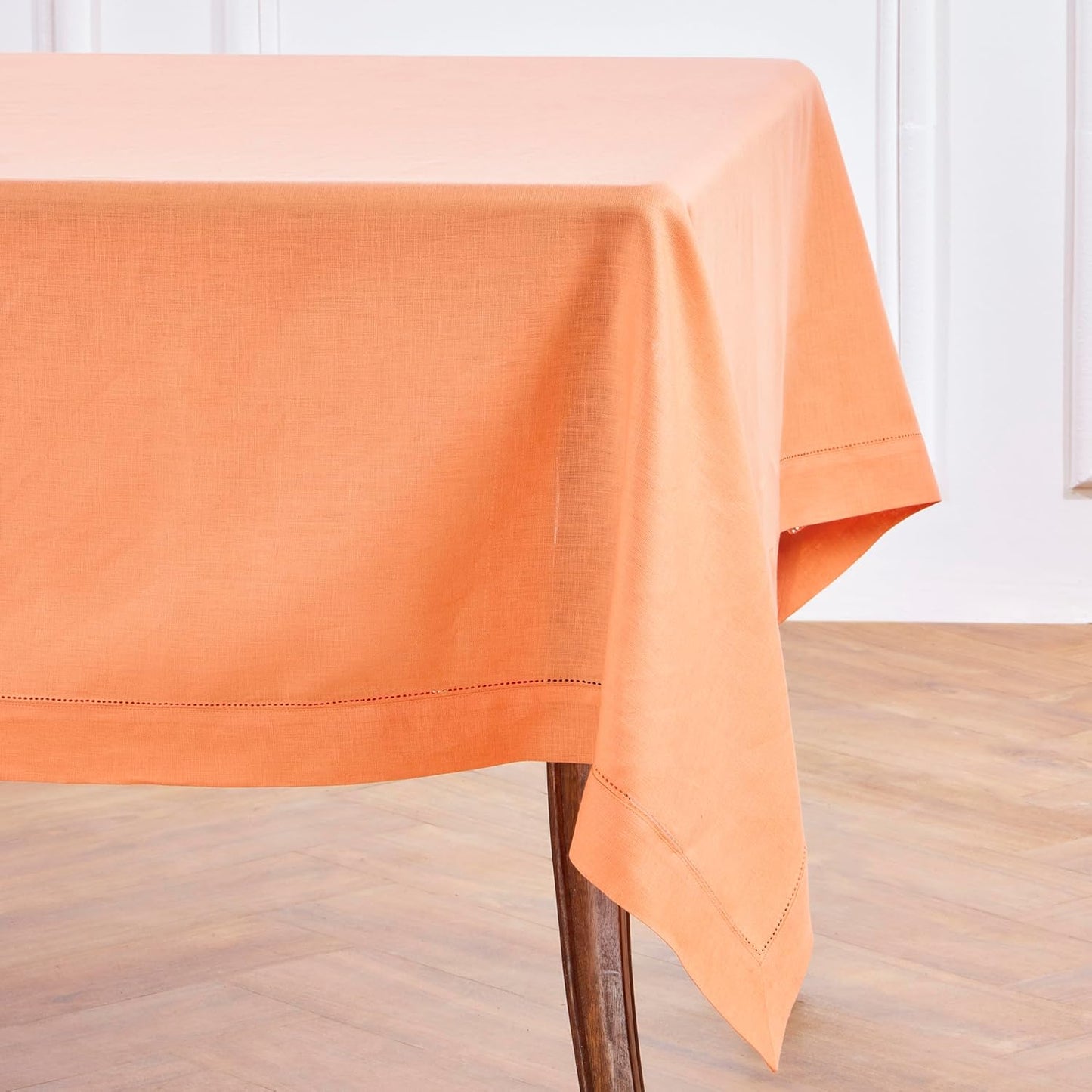 Solino Home Linen Tablecloth for Rectangle Tables 60 x 90 Inch - Classic Hemstitch 100% Pure Linen Coral Table Cloth - Machine Washable Cloth Tablecloth