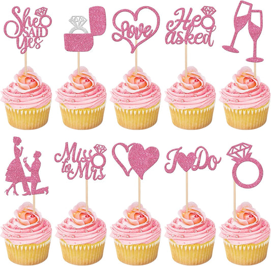 30 PCS He Asked She Said Yes Cupcake Toppers Glitter Engagement Cupcake Toppers Miss to Mrs I Do Love Heart Ring Miss to Mrs Cupcake Picks for Wedding Engagement Party Cake Decorations Supplies Pink