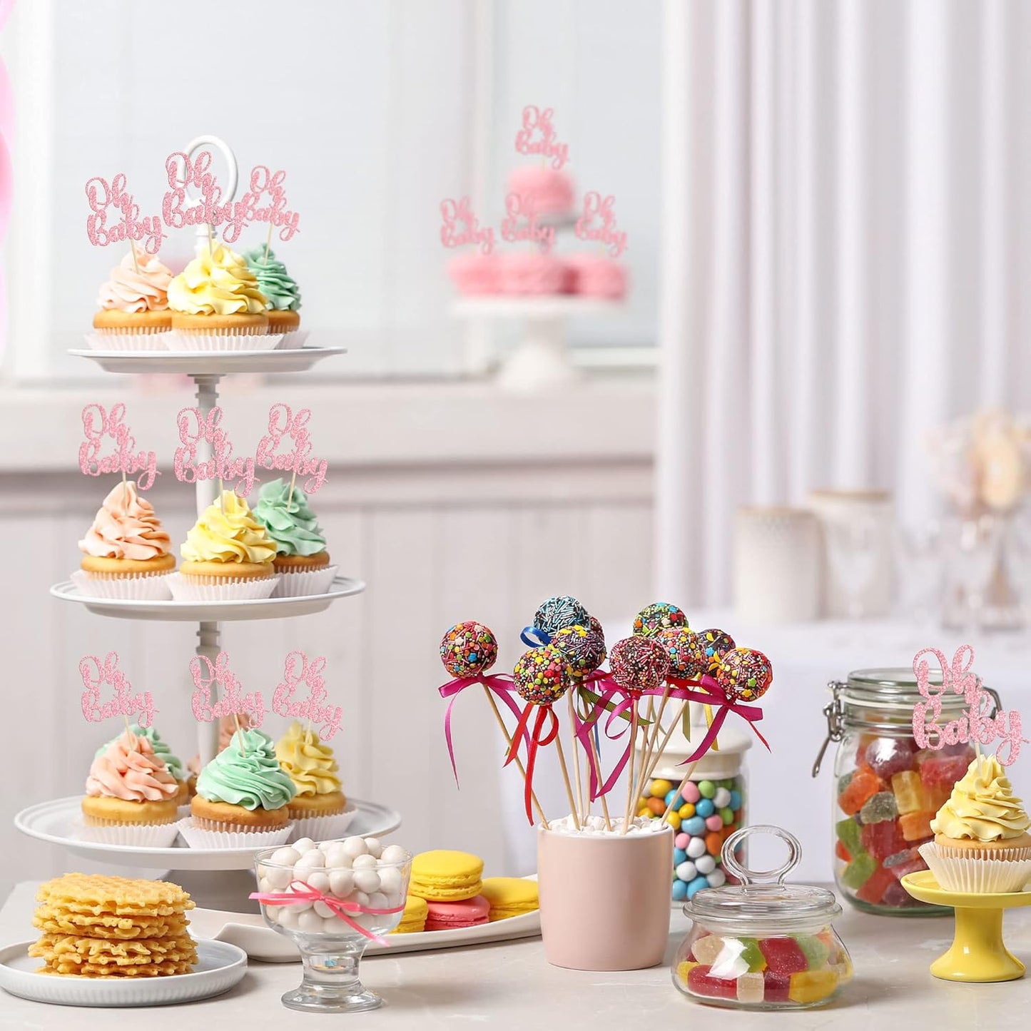 Gyufise 36 Pack Oh Baby Cupcake Toppers Glitter Baby Shower Cupcake Picks Decorations for Celebrating Baby Shower Kids Birthday Party Supplies Rose Gold