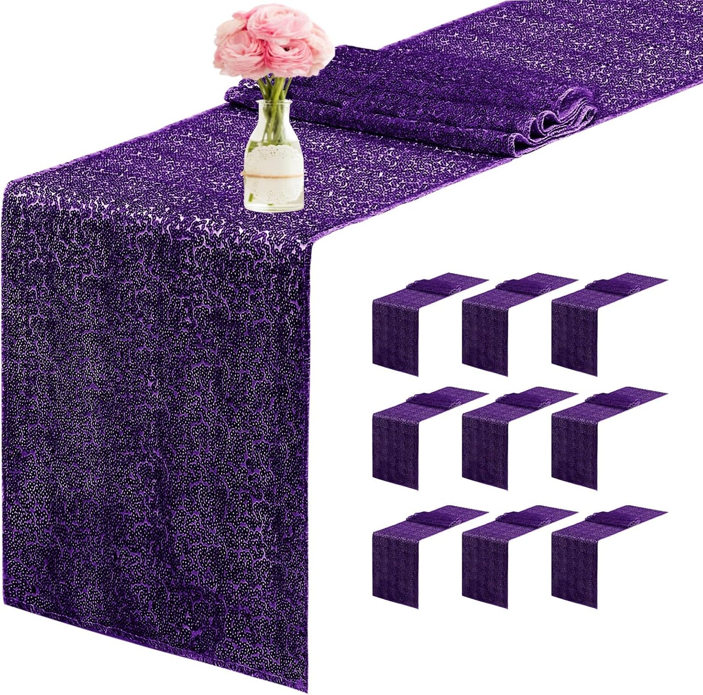 10 Packs 12 x 72 inches Sequin Table Runner, Purple Glitter Table Runner for Birthday Party Supplies Wedding Engagement Baby Shower Holiday Celebration Event Decorations