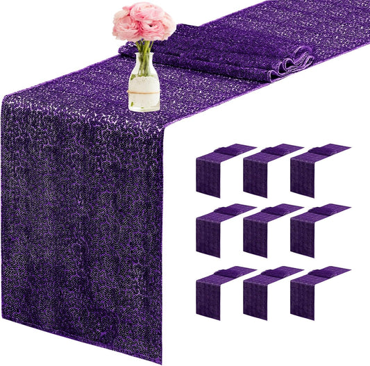 10 Packs 12 x 72 inches Sequin Table Runner, Purple Glitter Table Runner for Birthday Party Supplies Wedding Engagement Baby Shower Holiday Celebration Event Decorations