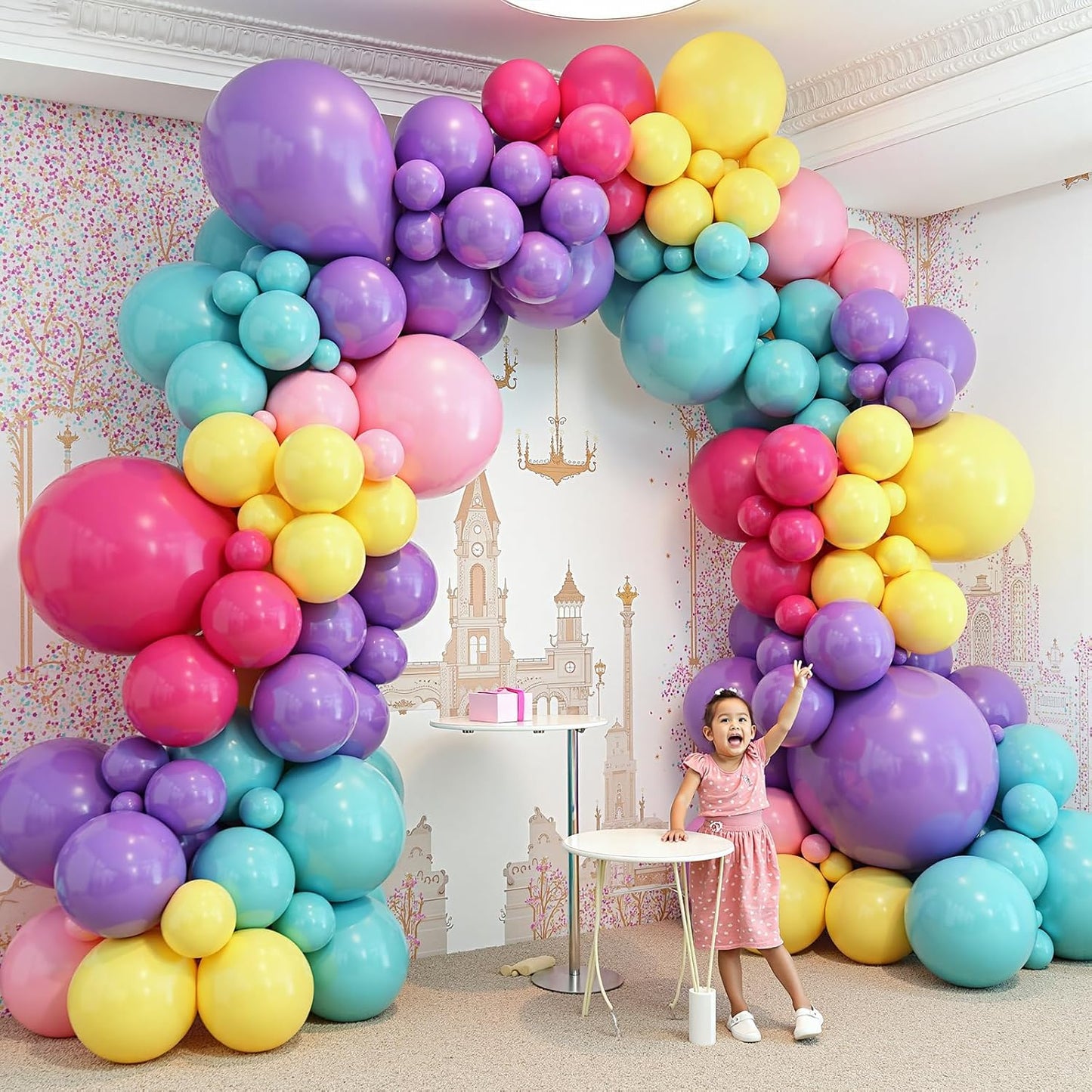 412pcs Purple Blue Pink Balloon Garland Arch Kit, 18 12 10 5 inch Different Sizes Hot Pink Metallic Purple Teal Yellow Balloons for Kid Magic Baby Shower Birthday Engagement Party Decoration