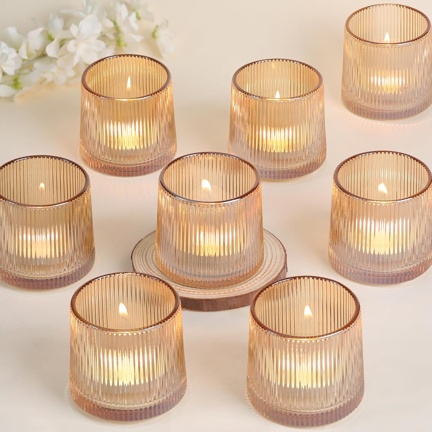 DARJEN Gold Ribbed Tealight Votive Candle Holders Set of 10- Tea Light Candle Holders Glass for Table Centerpiece, Votive Candle Holders for Home, Wedding & Fall Decor