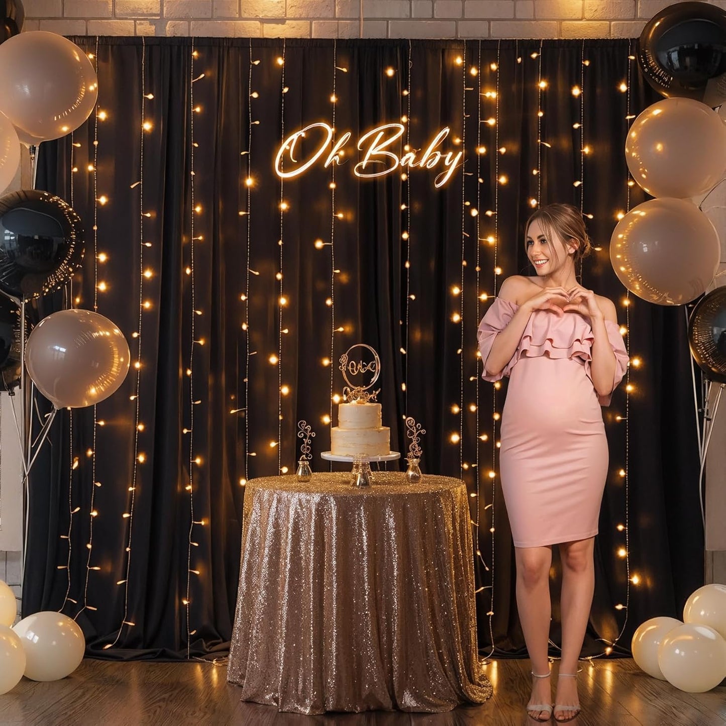 Black Backdrop Curtain with Lights String for Parties,10x10FT Wrinkle Free Black Drapes Wedding Photo Backdrop Curtains for Baby Shower Birthday Ceremony Reception Home Party Decorations