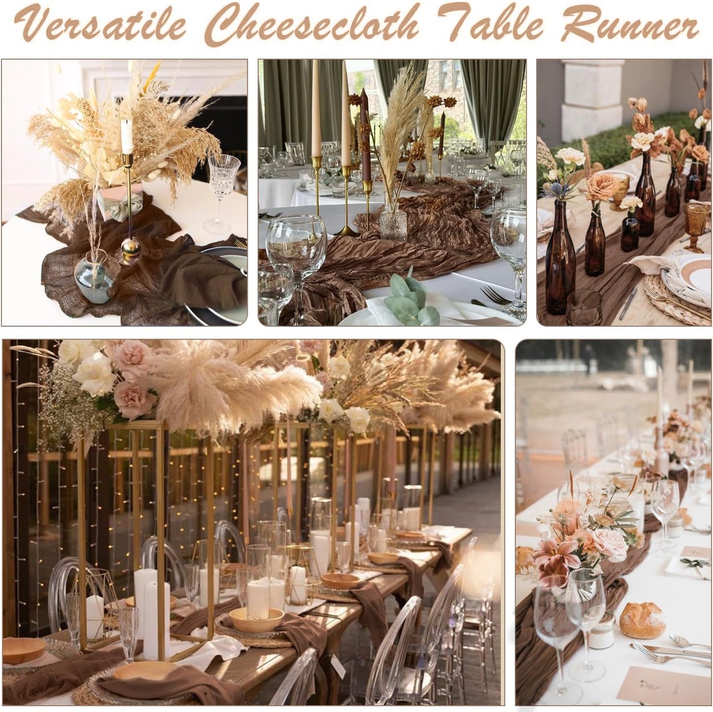 3 Pack Brown Cheesecloth Table Runner 35x120 Inch Gauze Coffee Table Runner Rustic Boho Cheese Cloth Sheer Runner for Wedding Baby Shower Bridal Shower Birthday Party Fall Decorations