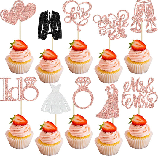 Gyufise 30Pcs Bride to Be Cupcake Toppers Glitter Diamond Ring I Do Love Cupcake Picks Miss to Mrs Bridal Shower Wedding Engagement Bachelorette Cake Decoration Rose Gold
