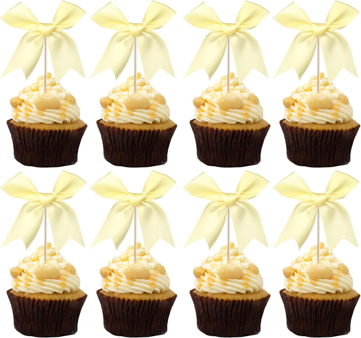 24 PCS Bow Cupcake Toppers Bow Cupcake Picks Bowknot Birthday Party Decorations Bowknot Cake Dessert Picks for Baby Shower Birthday Wedding Bridal Engagement Party Cake Decorations Supplies Yellow