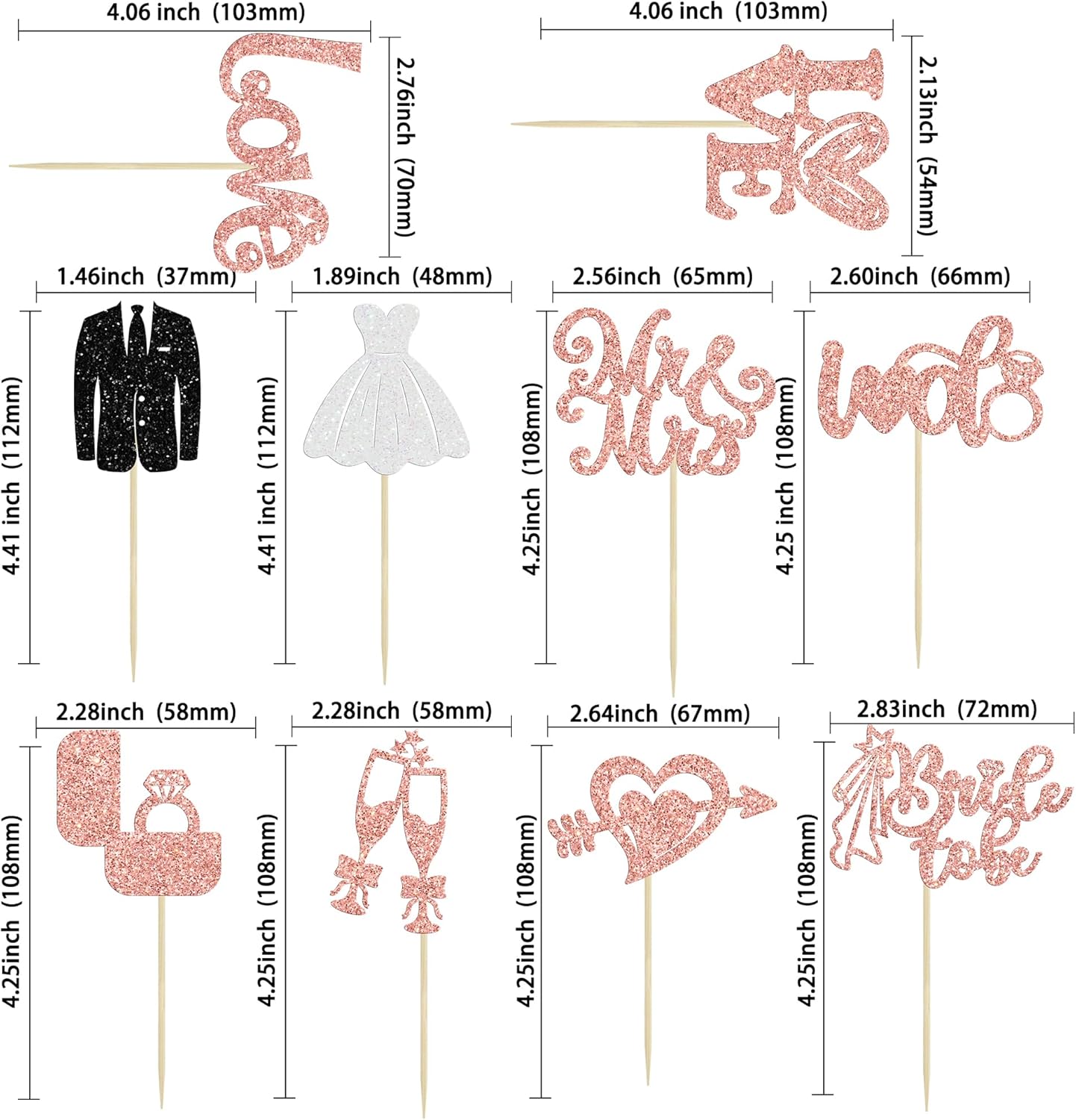 Ephlyn 30Pcs Bride to be Cupcake Toppers Glitter Wedding Cake Topper Decorations I Do Love Heart Ring Cupcake Picks for Bridal Shower Wedding Engagement Party Supplies Rose Gold