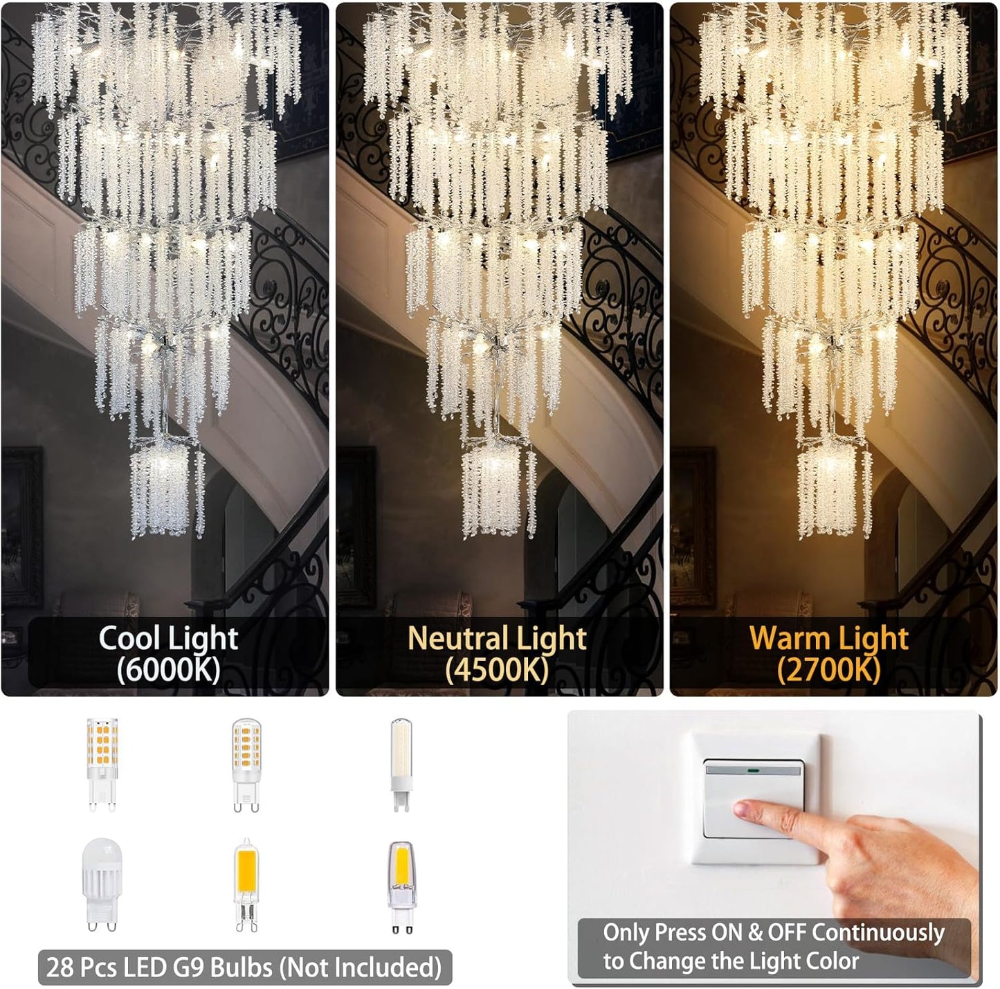 YUYI 118'' Modern Crystal Chandelier, Silver Chandelier for Entryway, Large Tree Branch Chandeliers for High Ceilings, Staircase, Foyer, Living Room, 28-Light 5-Tier Hanging Light Fixture