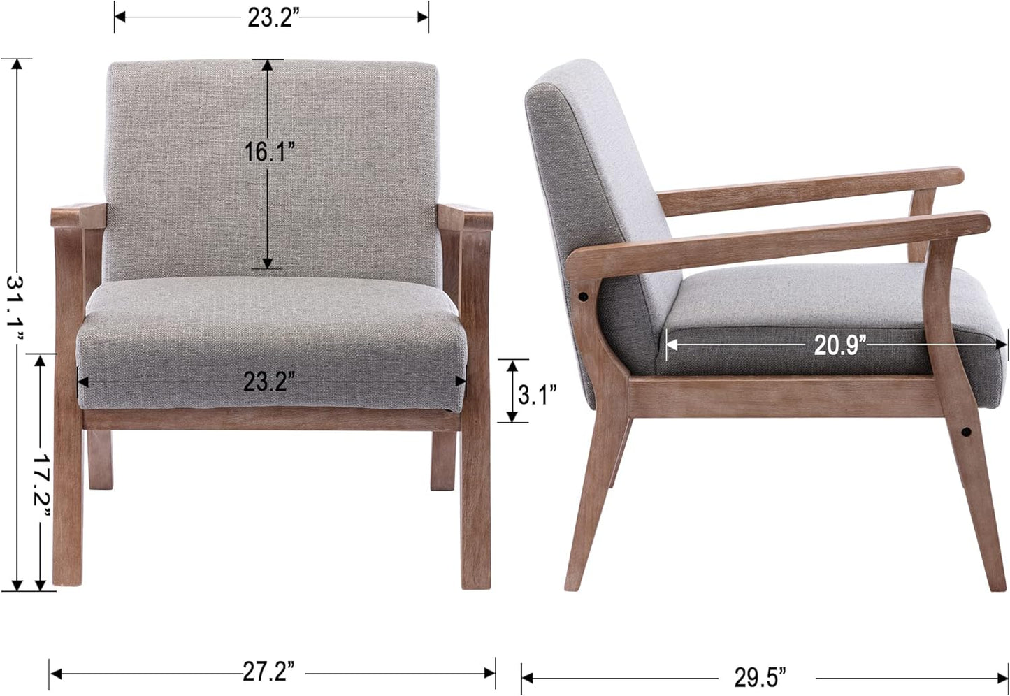 Mid Century Modern Accent Chair, Linen Upholstered Living Room Accent Armchair with Wood Frame, Farmhouse Chair for Living Room Bedroom, Gray