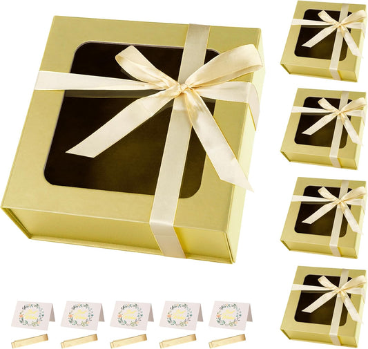 Gold Gift Boxes with Window,7.5"x7.5"x3.1" Bridesmaid Boxe for Gift Giving,Birthday Gift Box with Magnetic,Closure Lid Gift Boxes for Presents,Cute Boxe,Luxury for Gift Packaging,Gift Box for Wrapping Gifts