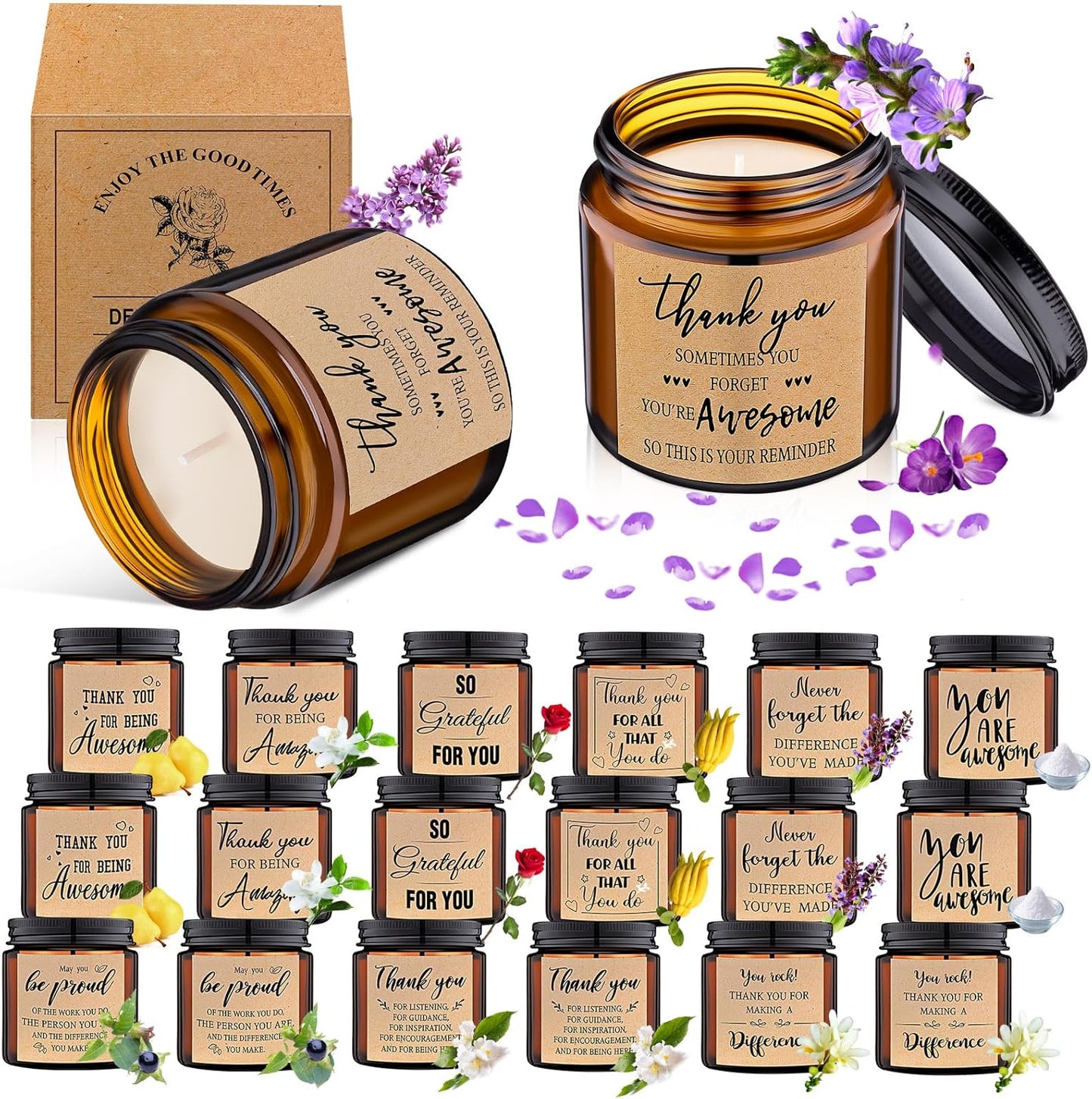 MTLEE 20 Pcs Thank You Gifts Candles 3.5 oz Employee Appreciation Inspirational Scented Soy Wax Candle Thank You Gift Christmas Gifts for Coworker Women Volunteer Teacher(Grateful,Brown)