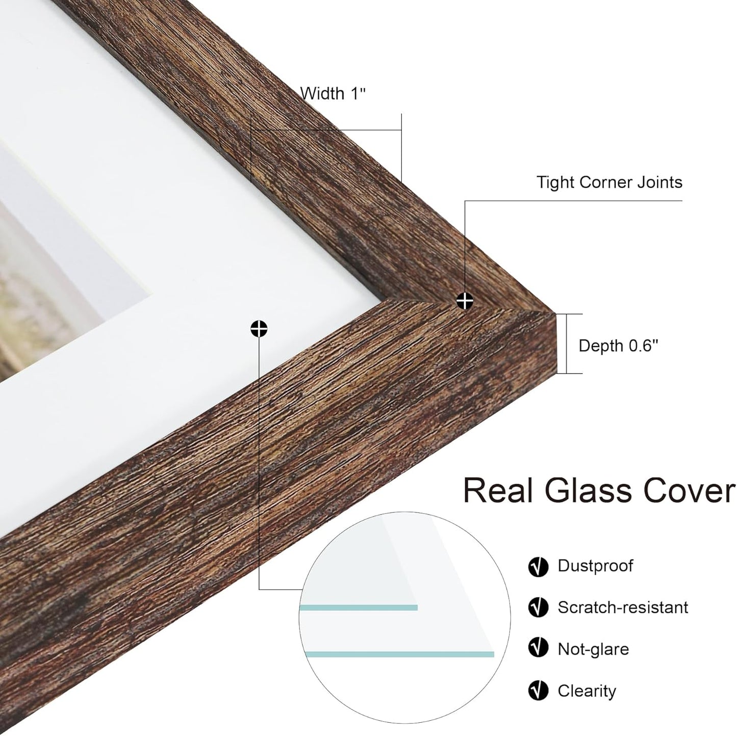 10x10 Picture Frame Set of 2, Real Glass and Rustic Brown Collage Frame, Display Pictures Four Opening 4x4 With Mat or 10 x 10 Without Mat for Wall Hanging or Tabletop