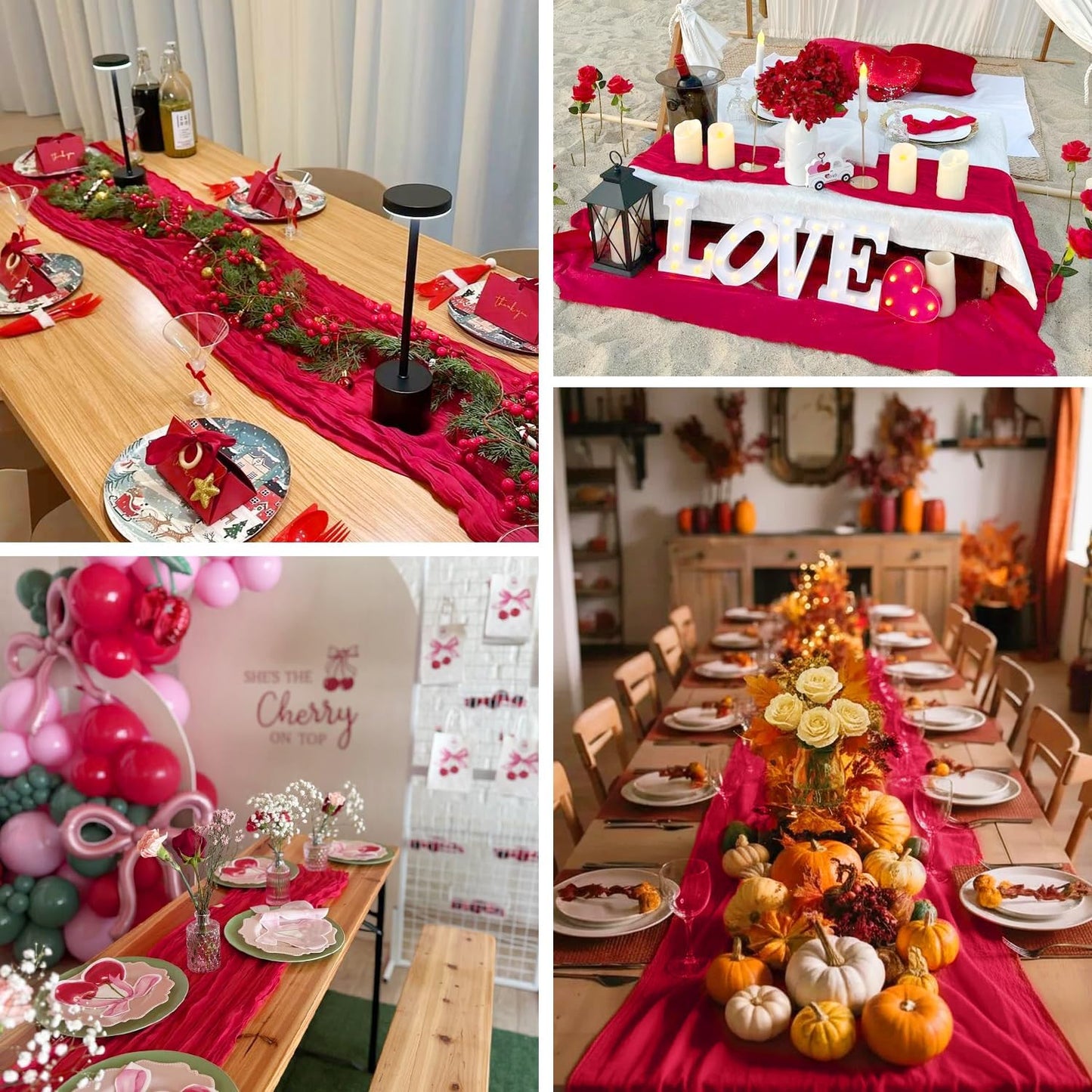 3 Pack Red Cheesecloth Table Runner Gauze Christmas Table Runner 35x120 Inch Rustic Boho Cheese Cloth Sheer Runner for Wedding Baby Shower Bridal Shower Birthday Party Holiday Decorations