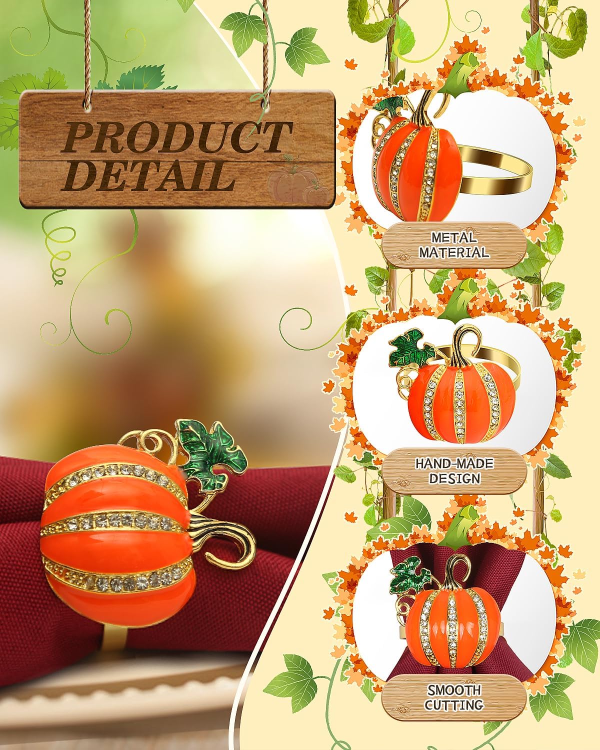 KPOSIYA Fall Napkins Rings, 12 Pcs Thanksgiving Napkin Ring Fall Maple Leaf Napkin Rings and Halloween Pumpkin Napkin Holders for Thanksgiving Table Decorations, Fall Banquet, Holiday Dinner Party