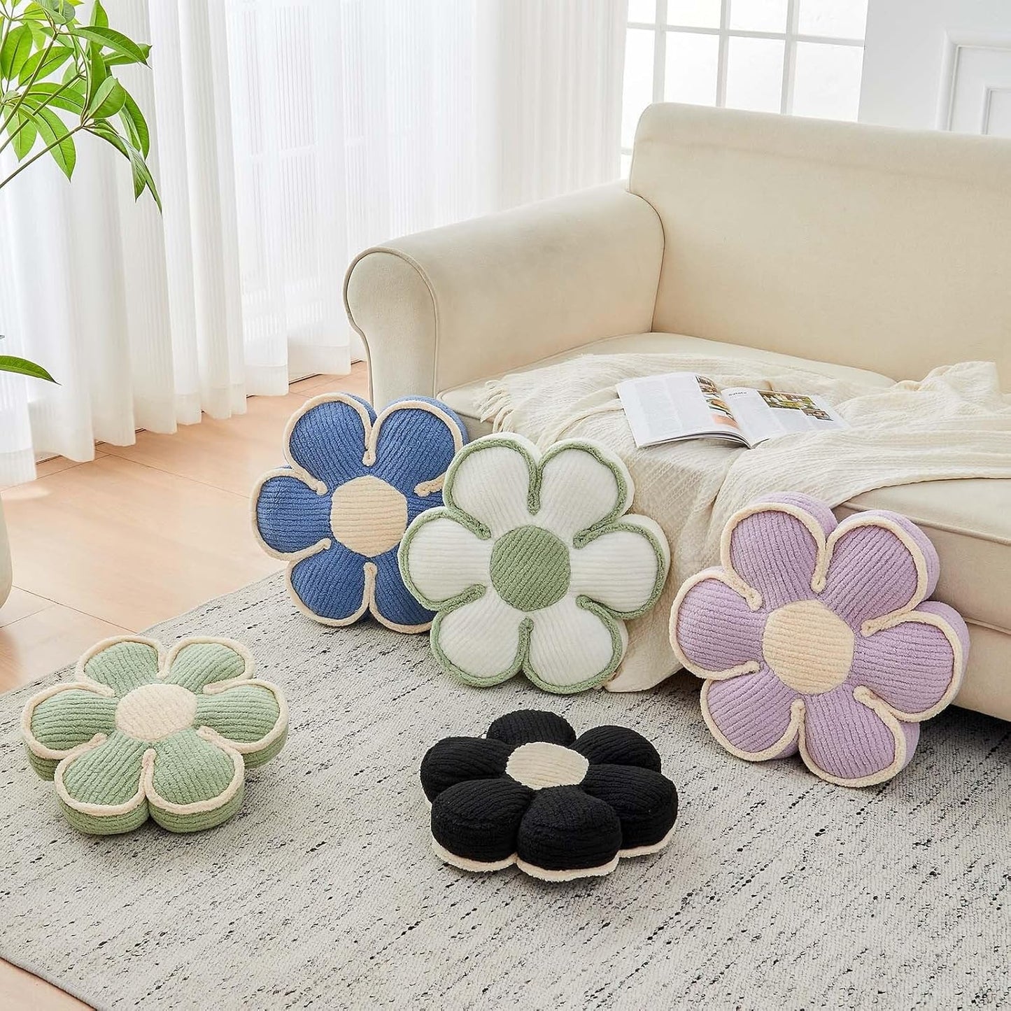 Flower Pillow, Soft Flower Decorative Throw Pillow, Cute Daisy Flower Shaped Seating Floor Cushion Room Décor Plush Pillows for Sofa Couch Bed (17.7 Inch, Sage Green)