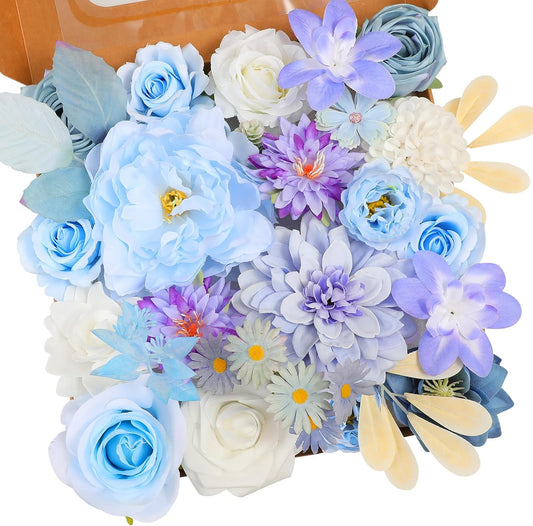 Artificial Flowers Combo, Mix Silk Flowers Roses, Peonies, Dahlias with Stems for DIY Wedding Bridal Bouquets, Baby Shower, Table Centerpieces, Home Decor, Fake Floral Arrangements-Blue&purple