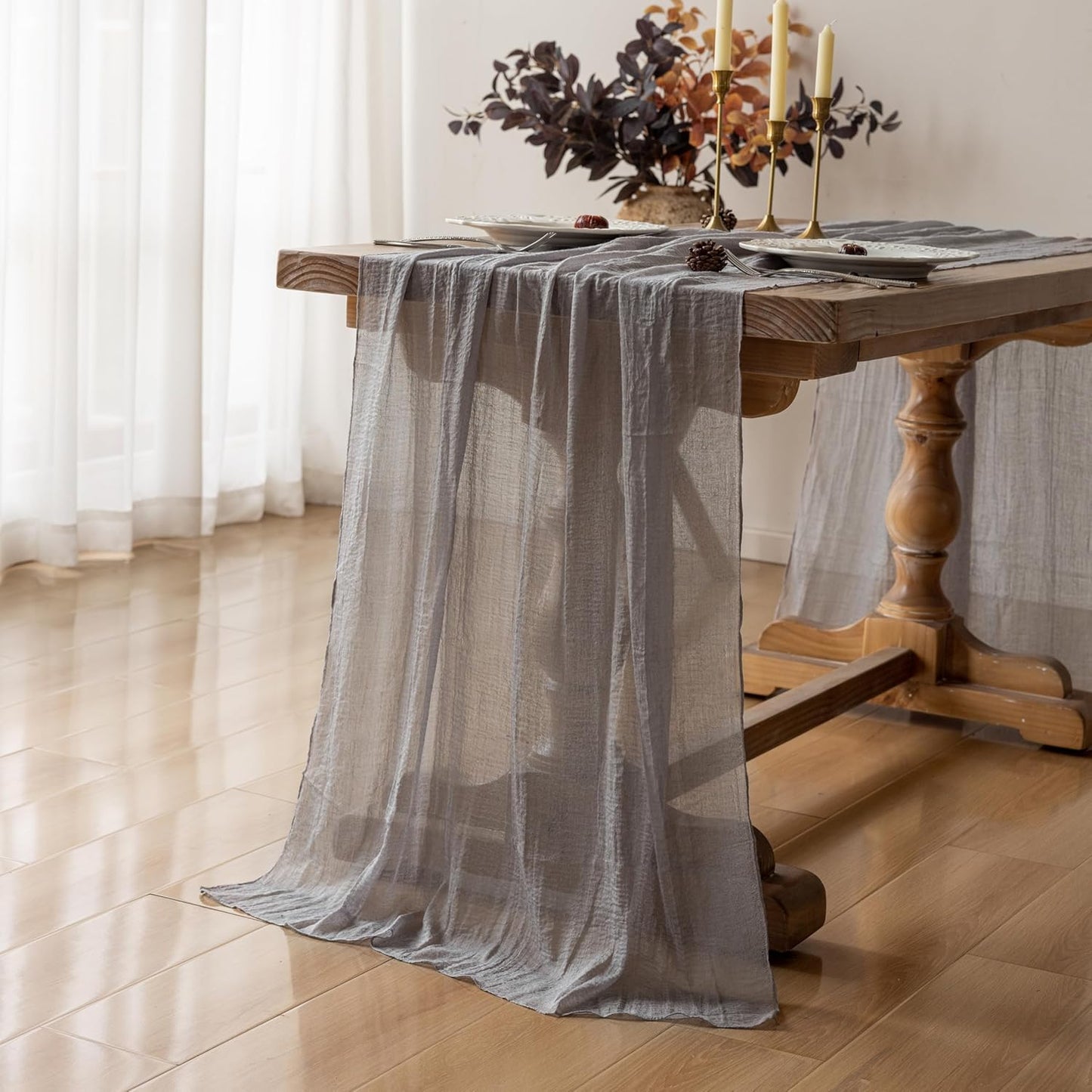 Grey Gauze Rustic Cheesecloth Table Runner 120 Inch 10 FT for Wedding Baby Shower Bridal Shower Birthday Engagement Garden Outdoor Party Long Sheer Boho Decorations