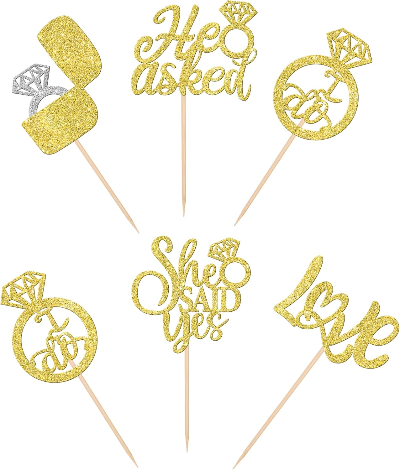 30 PCS He Asked She Said Yes Cupcake Toppers Love I Do Diamond Ring Cupcake Picks for Wedding Enaggement Bridal Shower Party Cake Decorations Supplies Gold