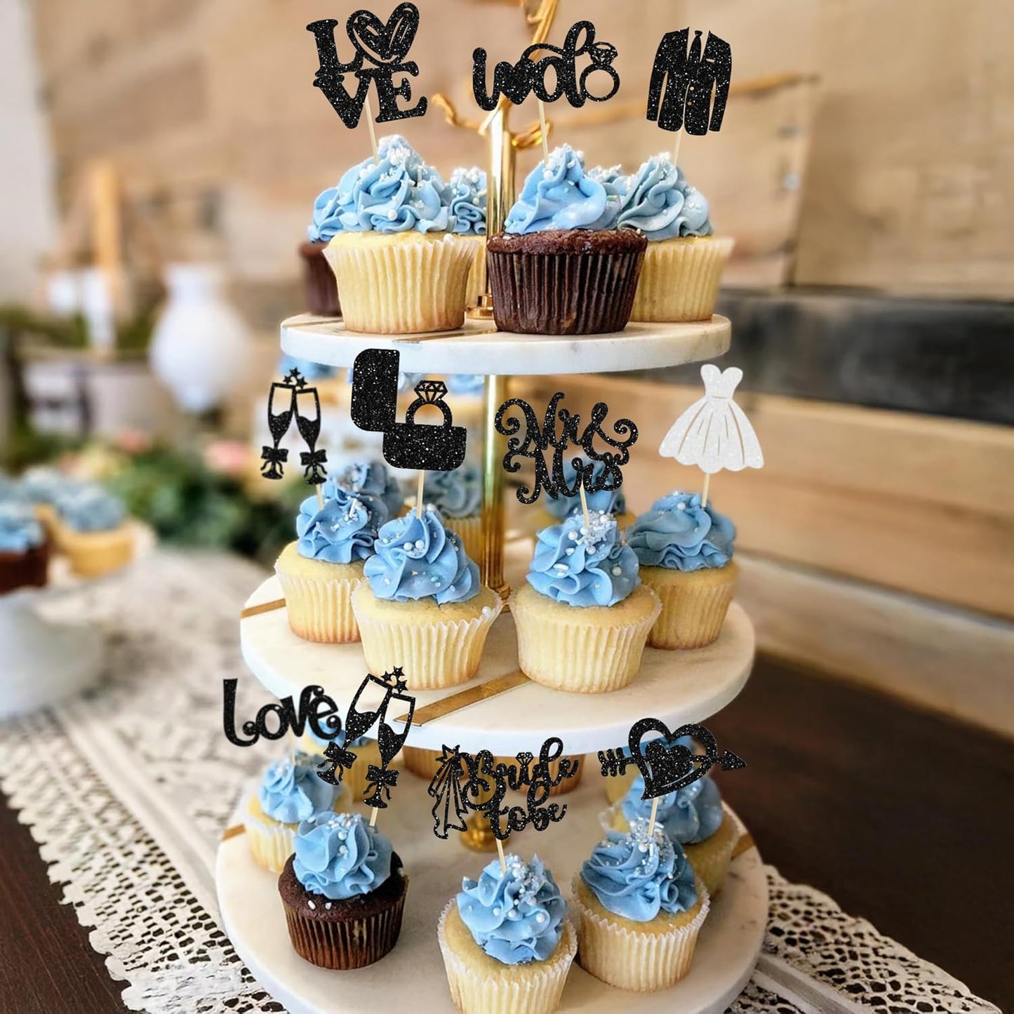 Ephlyn 30Pcs Bride to be Cupcake Toppers Glitter Wedding Cake Topper Decorations I Do Love Heart Ring Cupcake Picks for Bridal Shower Wedding Engagement Party Supplies Black