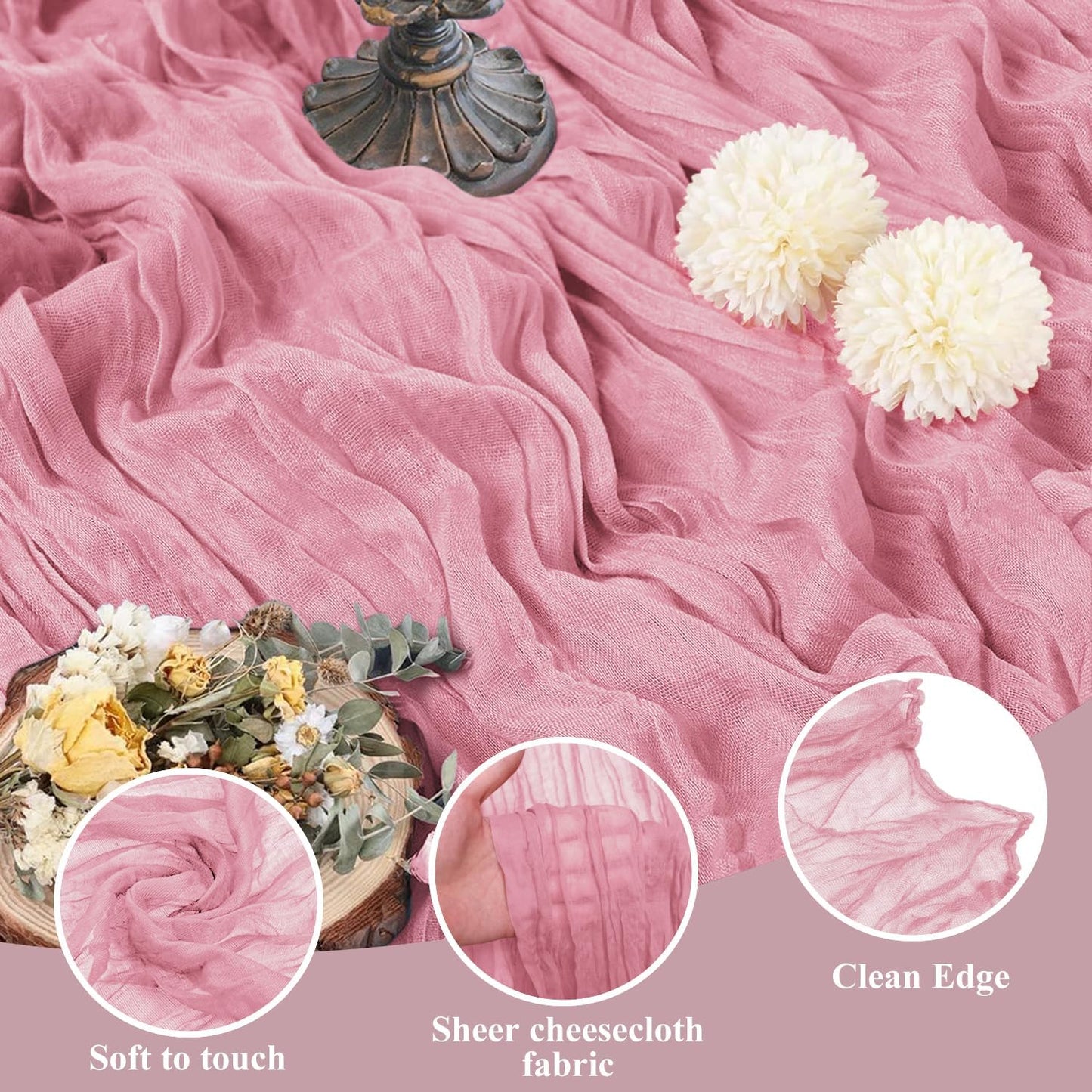 Asee'm 2pcs Cheesecloth Table Runner 120 Inches Long Pink Boho Gauze Cheese Cloth Runner 10FT Rustic Sheer Table Runners for Christmas Wedding Party Baby Shower Spring Easter Decoration