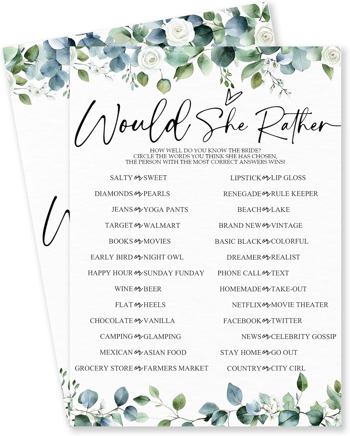 He Said She Said - Botanical Bridal Shower Game Cards - 50 Pcs Eucalyptus Leaves Game Cards - Funny Wedding Party Games for Bride & Groom - Activities for Bachelorette Party - A03