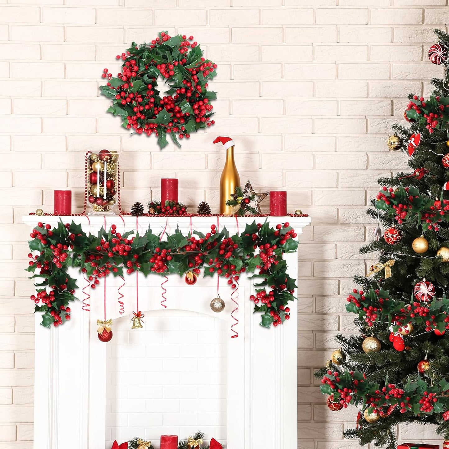 Uguisu 5.6ft Red Artificial Christmas Garland,Eucalyptus Green Garland with Berry Flower Clusters,Artificial Vines for Backdrops, Fireplaces,Dining Tables,Christmas Parties,Indoor and Outdoor Decor.