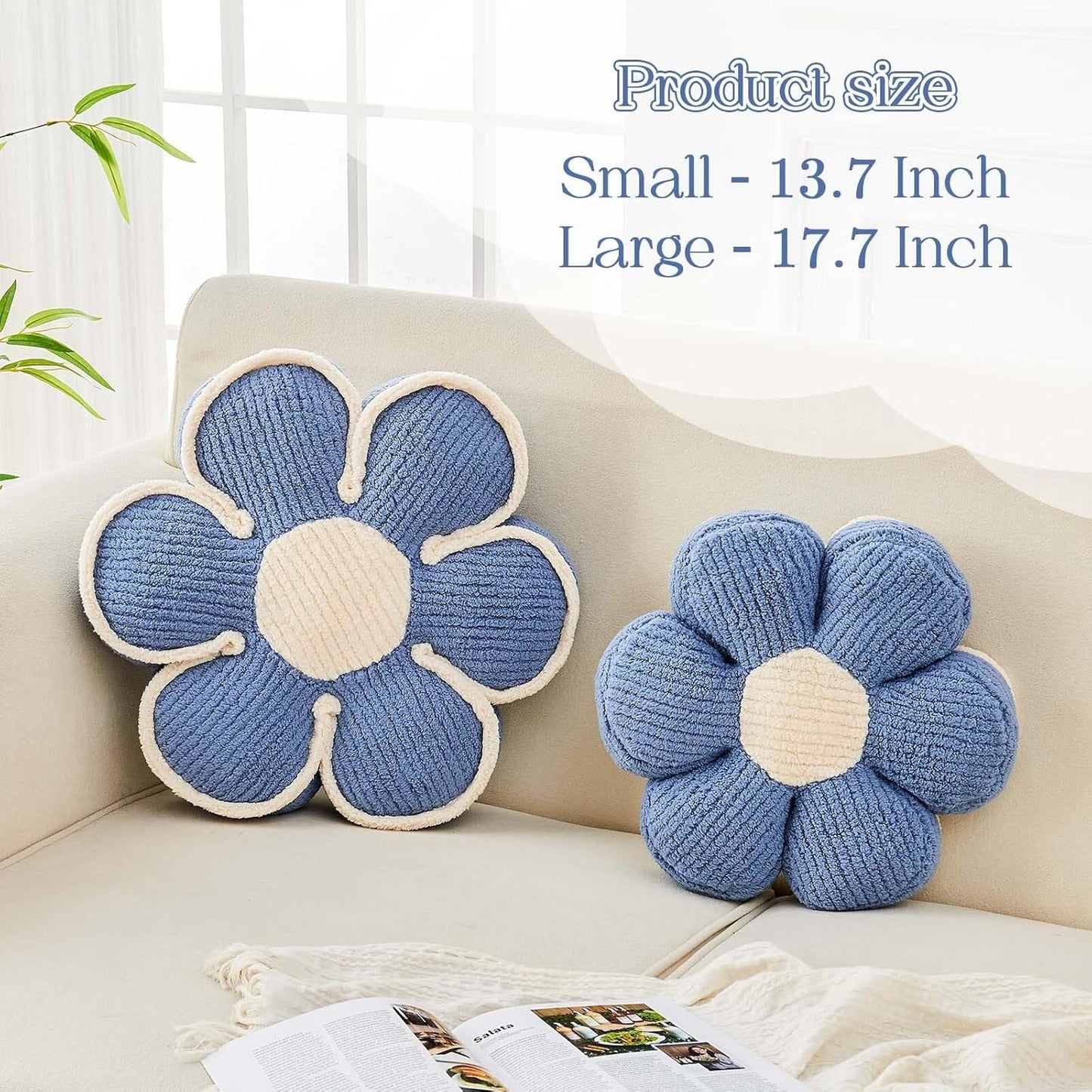 Flower Pillow, Soft Flower Decorative Throw Pillow, Cute Daisy Flower Shaped Seating Floor Cushion Room Décor Plush Pillows for Sofa Couch Bed (17.7 Inch, Blue)