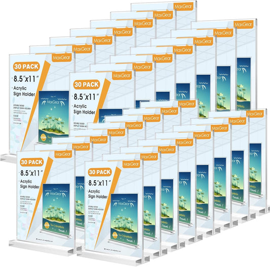 MaxGear Acrylic Sign Holder 8.5 X 11 Inches 30 Pack, Double Sided Plastic Display Stands Table Top Acrylic Frame, Clear Paper Holder Menu Flyer Stand for Stores, Restaurants, Hotels, Office