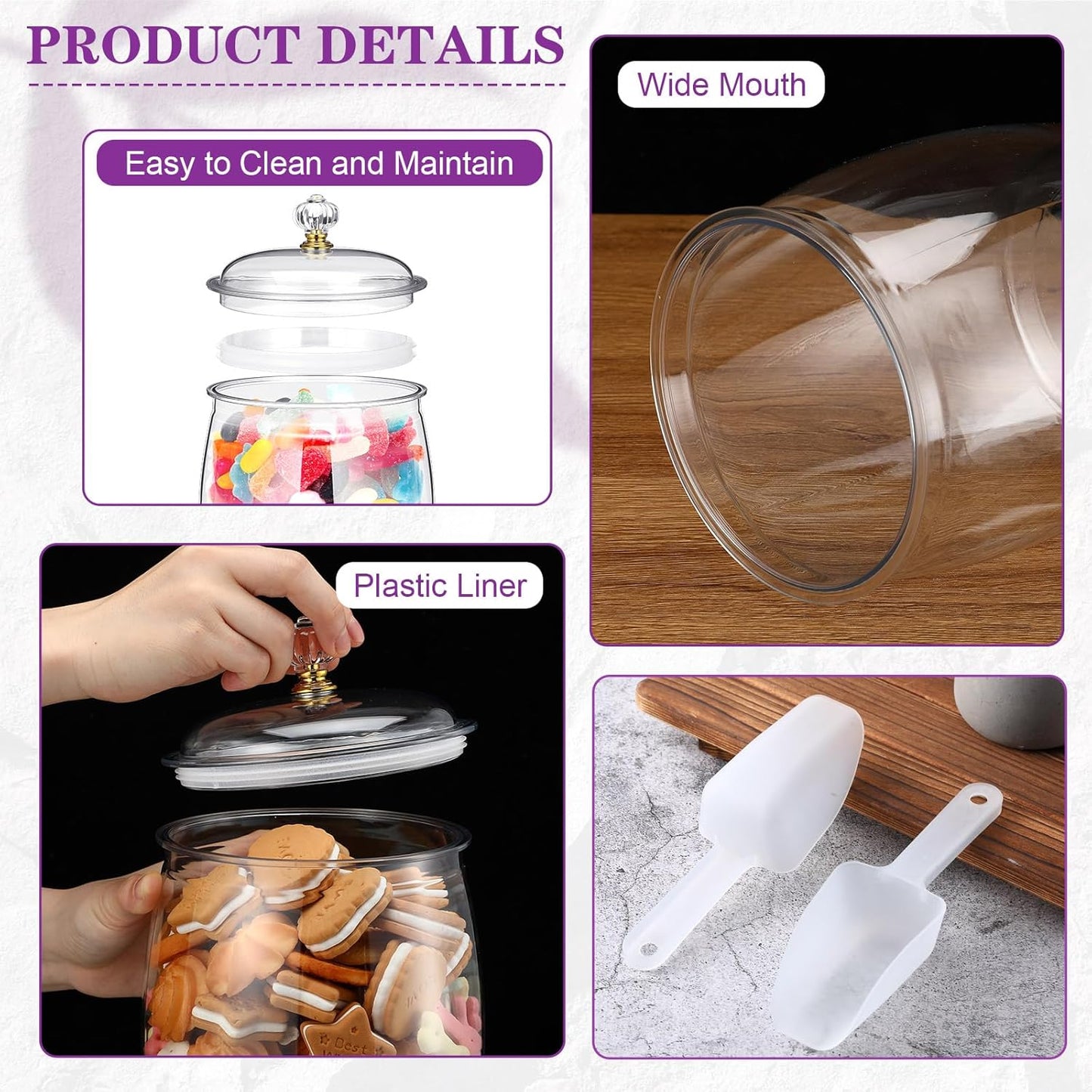 Nuogo 4 Pcs Plastic Candy and Cookie Jars with Lids Clear Cookie Container Candy Jars Large Airtight Apothecary Storage Organization for Wedding Home Kitchen Bar(42/64/90 oz)