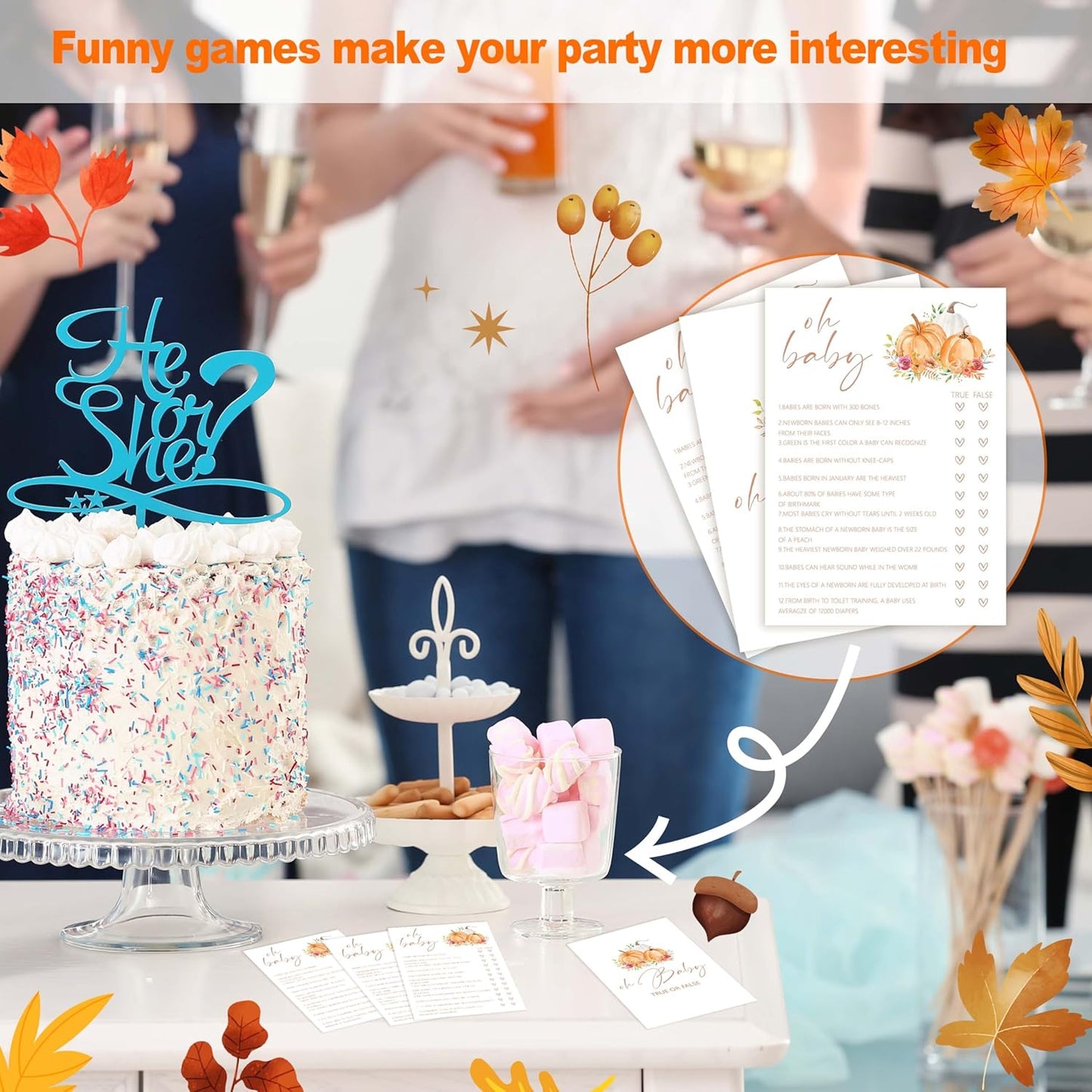 Baby Shower Games, Thanksgiving Oh Baby True or False Game Cards + 1 Answer Card, 25 Sets Baby Gender Reveal Party Decorations Supplies - E04