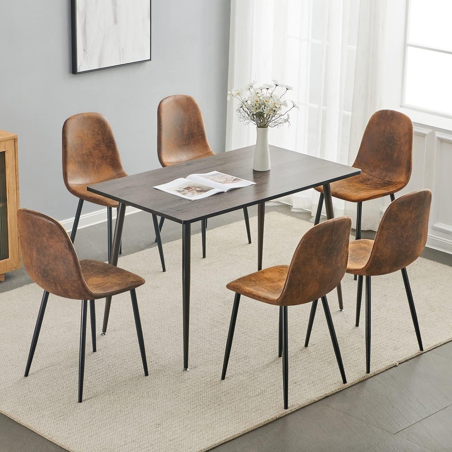 Homy Casa Dining Chairs Set of 8, Modern Mid-Century Style Dining Room Side Chairs Accent Chairs with Black Metal Legs Comfortable for Kitchen Lounge Farmhouse, Rustic Brown, 8PCS