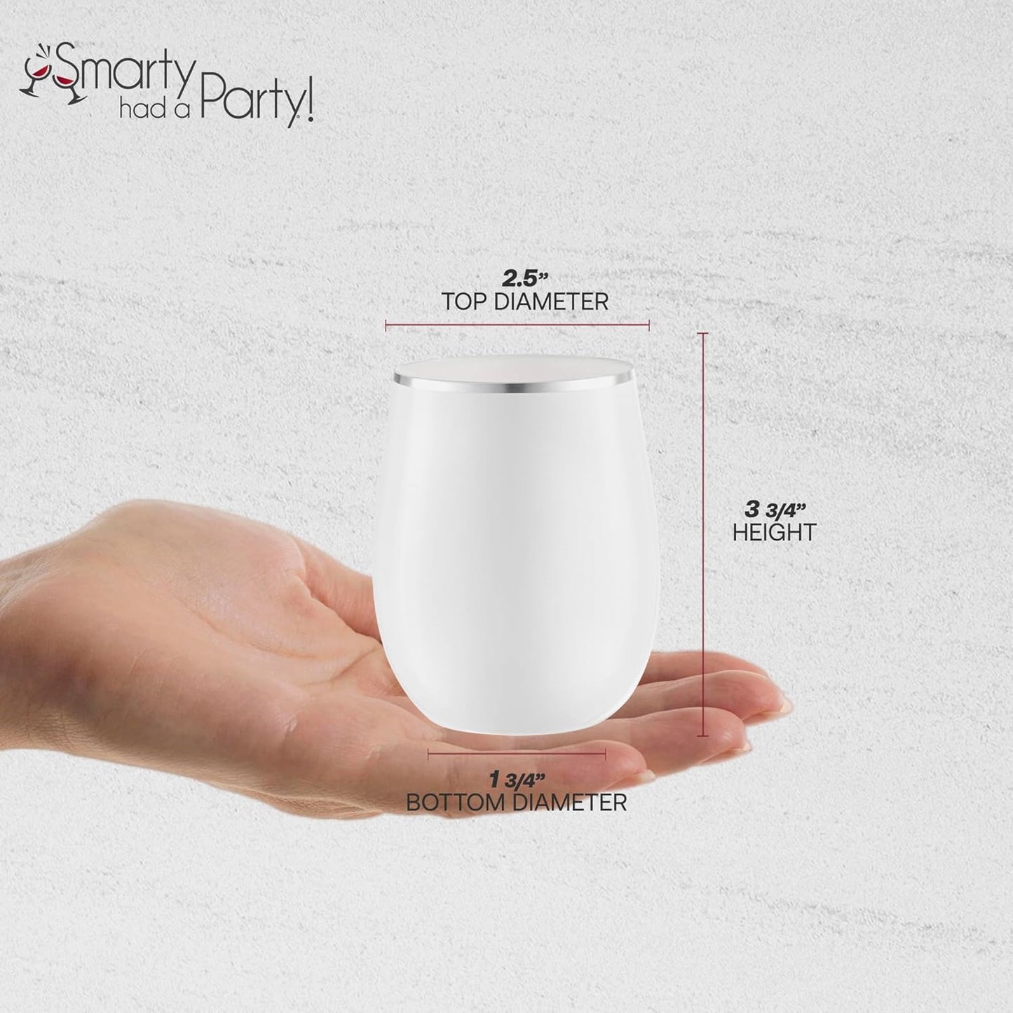 Smarty Had A Party 64 White with Silver Elegant Stemless Plastic Wine Glasses, 12 oz Disposable Drinkware, Plastic Wine Glasses for Parties