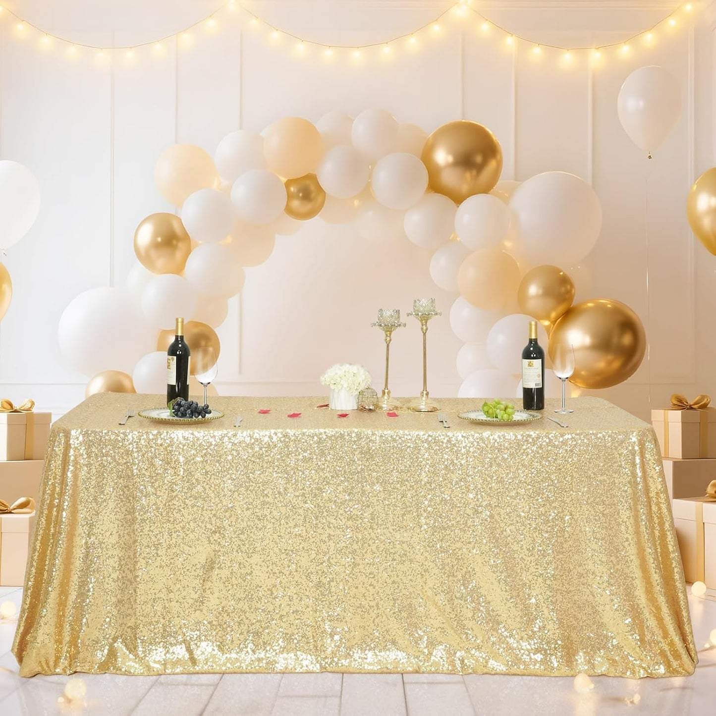 SquarePie Sequin Tablecloth 60 x 120 Inch Light Gold Reflect Lights Bling Sparkly Table Cloth for Wedding Party