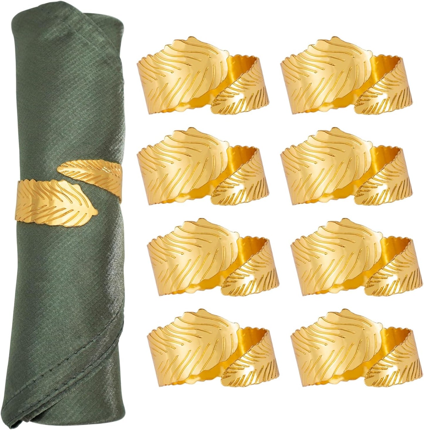Gold Leaf Napkin Rings Set of 8, Metal Leaves Napkin Ring
