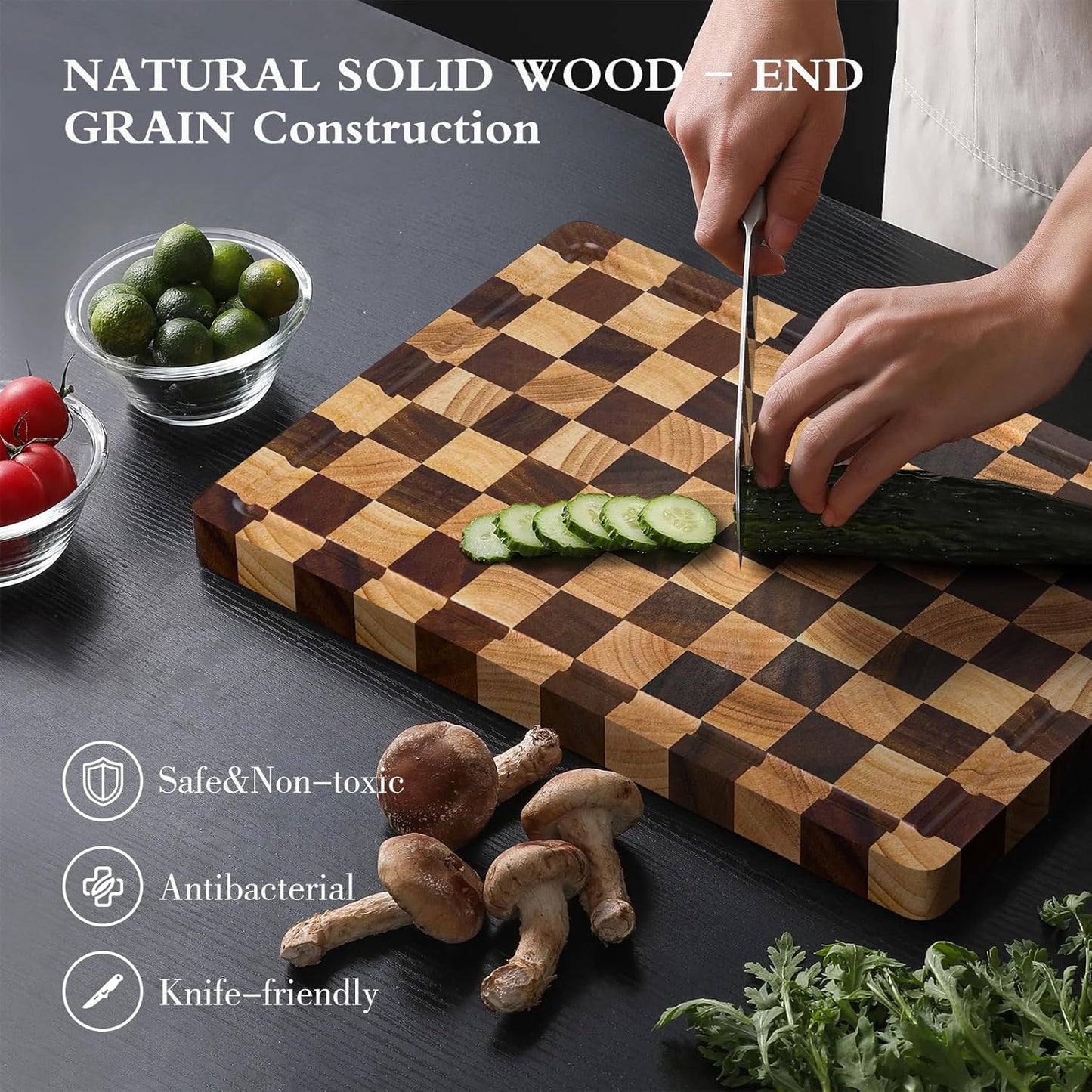 Checkered Cutting Boards for Kitchen, Wood Cutting Board Sets, Walnut Rubber & Wooden Chopping Boards with Anti-Slip Base and Guide Groove, Chessboard Carving Used for Cutting Vegetables Fruits & Meat