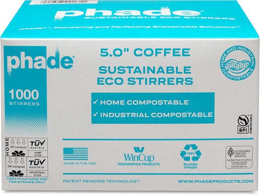 phade Eco-Friendly Cocktail and Coffee Straws/Stirrers 6,000 Count - Sustainable Marine Biodegradable Compostable Stirrer, 6 Pack