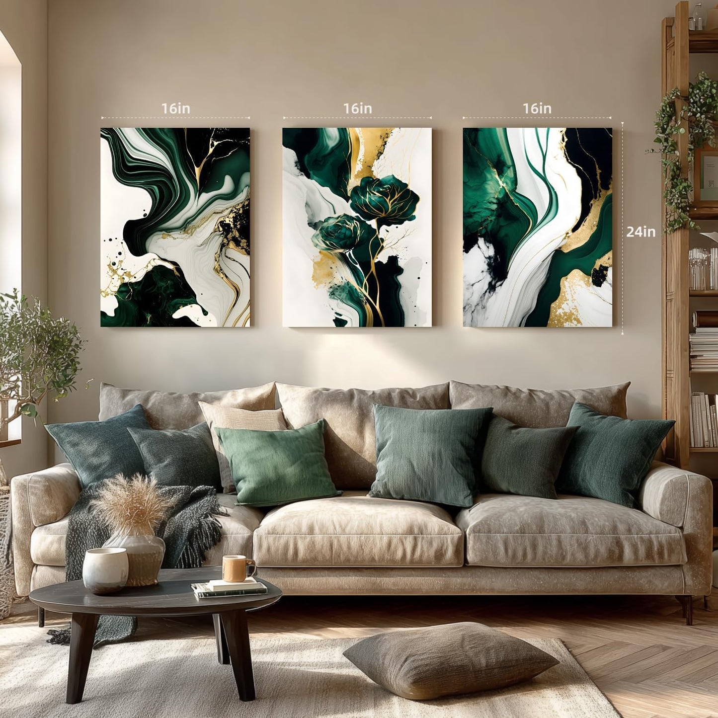 IAFWZX Framed Green Gold Abstract Wall Art, Emerald Marble Textured Wall Decor, Contemporary Line Flower Canvas Paintings, Abstract Floral Poster Prints for Living Room Bedroom Office 12"x16"x3