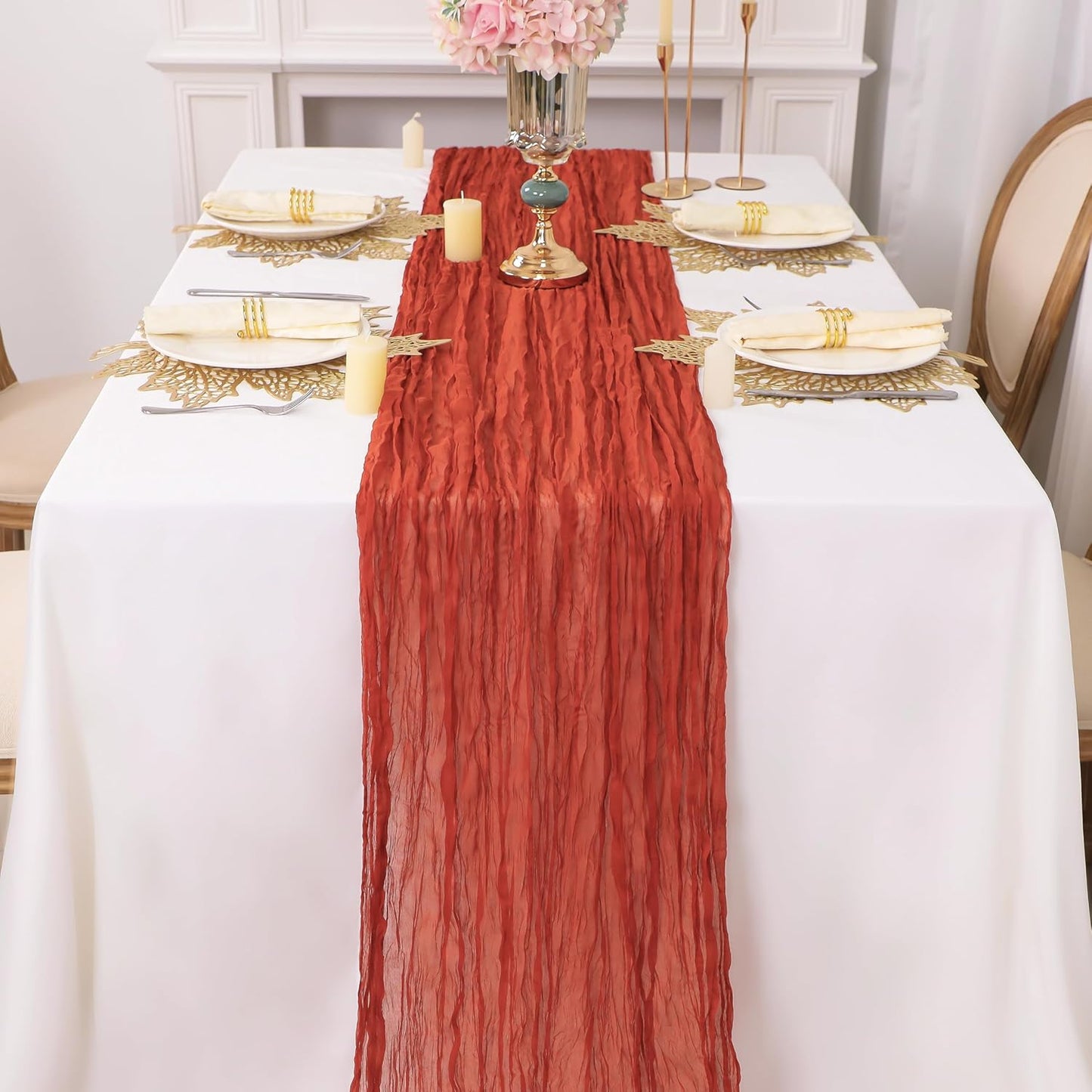 Snowkingdom 6PCS 13Ft Terracotta Cheesecloth Table Runner Bulk, 160inch Long Rust Cheese Cloth Boho Gauze Runner for Wedding Bridal Shower Rustic Sheer Fall Thanksgiving Table Decorations