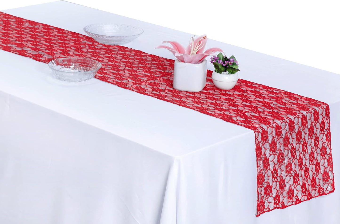 MDS Pack of 20 Wedding 12 x 108 inches Lace Table Runner for Wedding, Decorations for Birthday Parties, Banquets, Graduations, Engagements, and Runners fit Rectangle, Round Table- Red