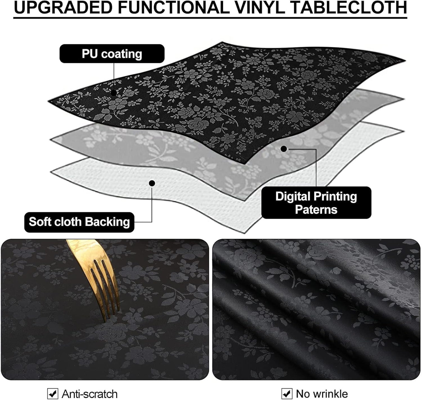 Smiry Rectangle Table Cloth, Waterproof Heavy Duty Vinyl Tablecloths, Wipeable Washable Table Cover for Kitchen and Dining Room (Black, 60" X 84")