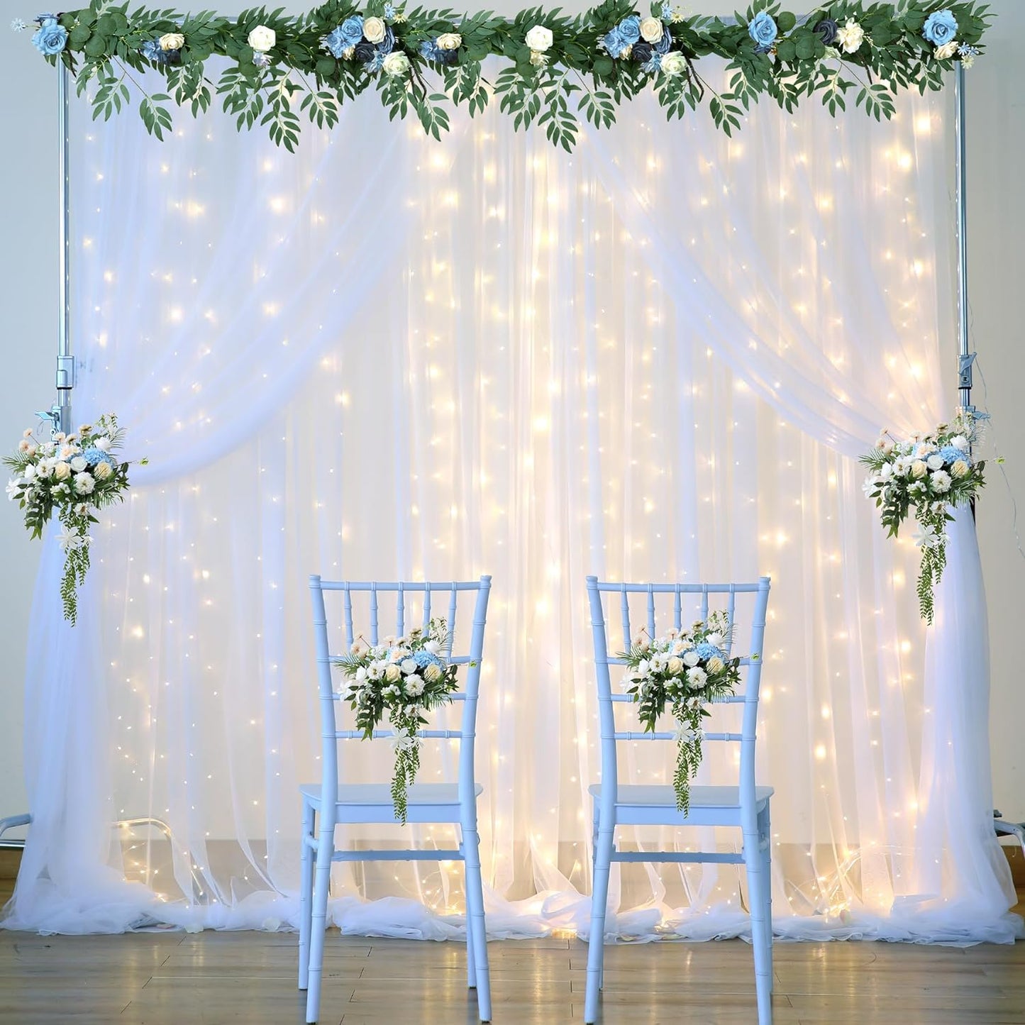 White Backdrop Curtains with Lights String for Wedding Parties 10×10ft Sheer Tulle Backdrop Curtain for Bridal Shower Baby Shower Birthday Party Photo Shoot Background Decorations(2 Panels 10ft×10ft)