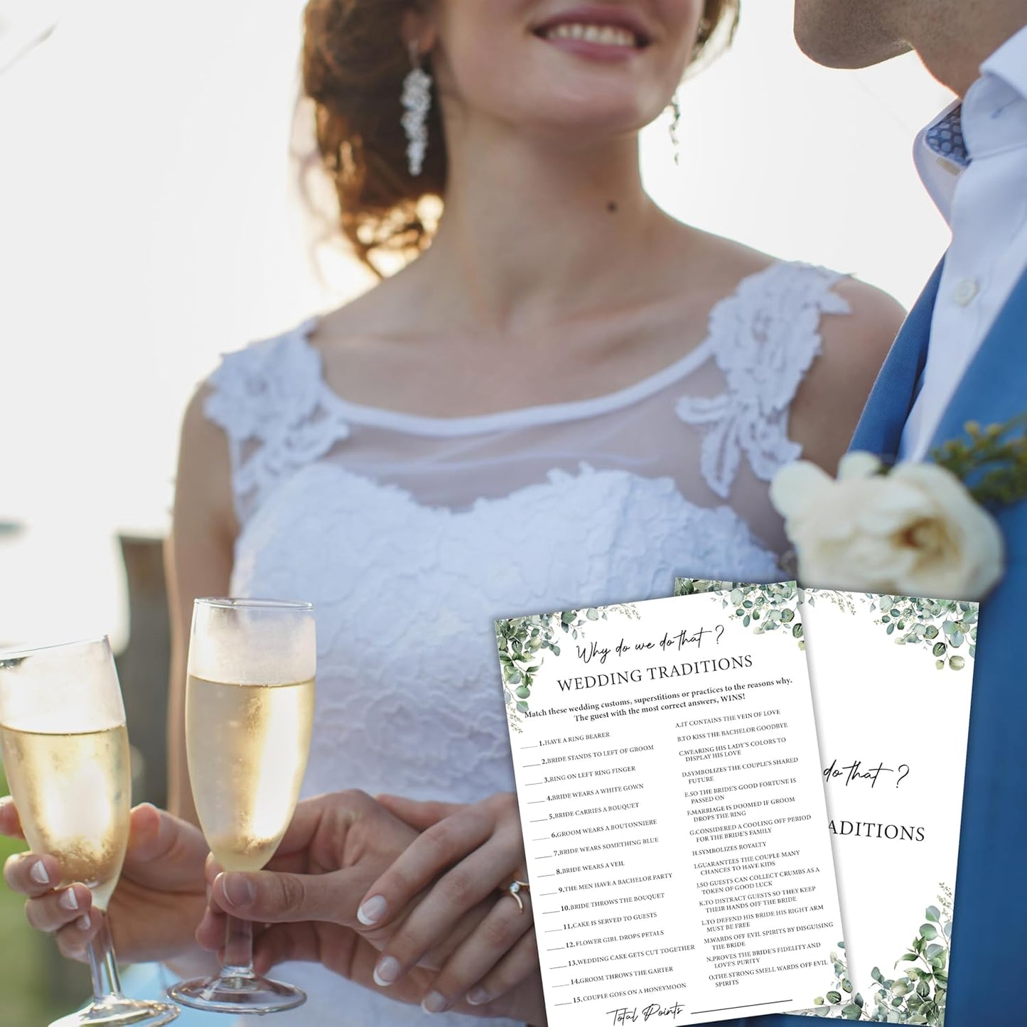 Eucalyptus Bridal Shower Game Cards - Why Do We Do That ? Wedding Traditions, Engagement Bachelorette Party Games for 30 Guests, 30 Double Sided Cards with 1 Answer Card, Activity Supplies & Favor/A09