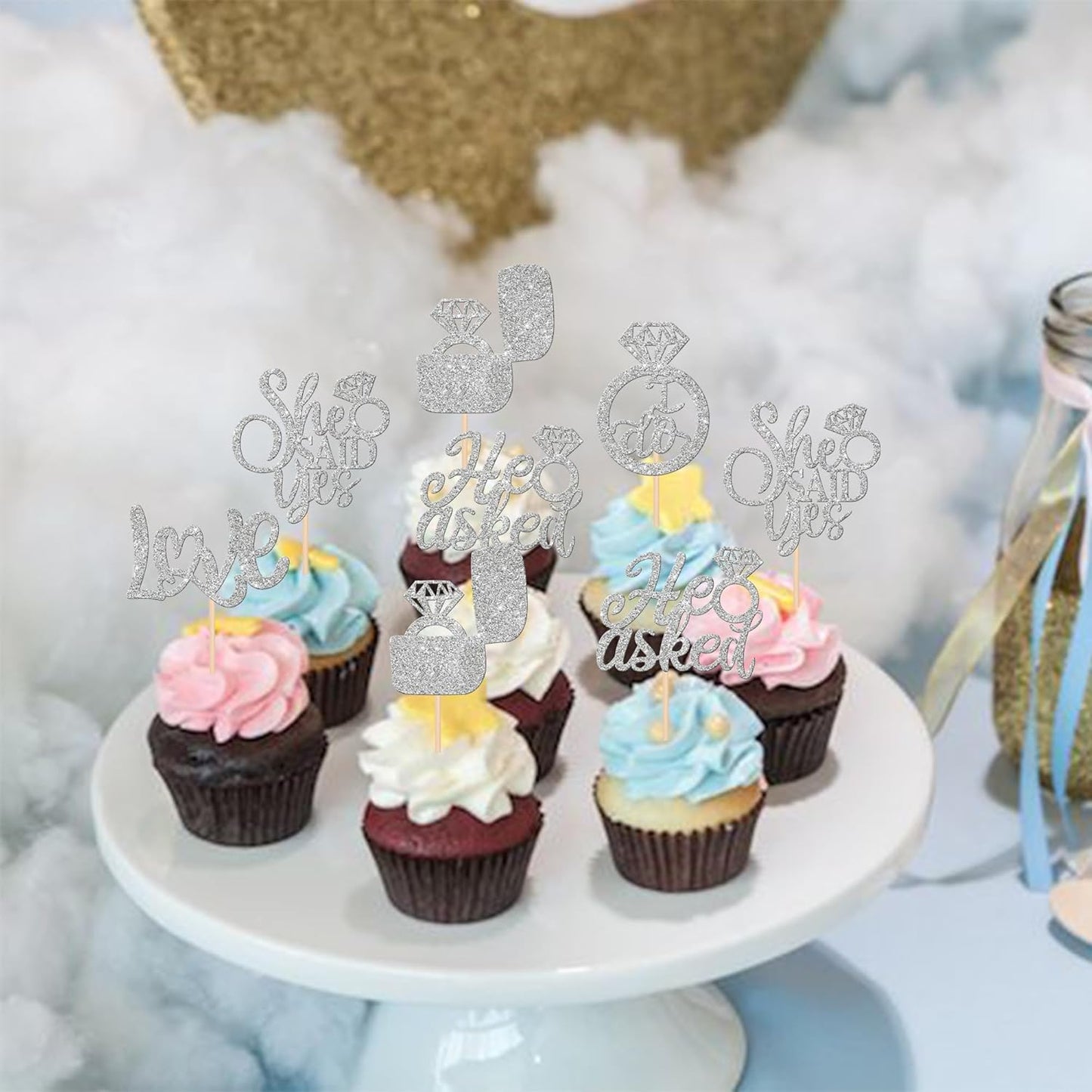 30 PCS He Asked She Said Yes Cupcake Toppers Diamond Ring Cupcake Picks Love I Do Bridal Shower Cupcake Decorations for Wedding Enaggement Theme Party Cake Decorations Supplies Silver